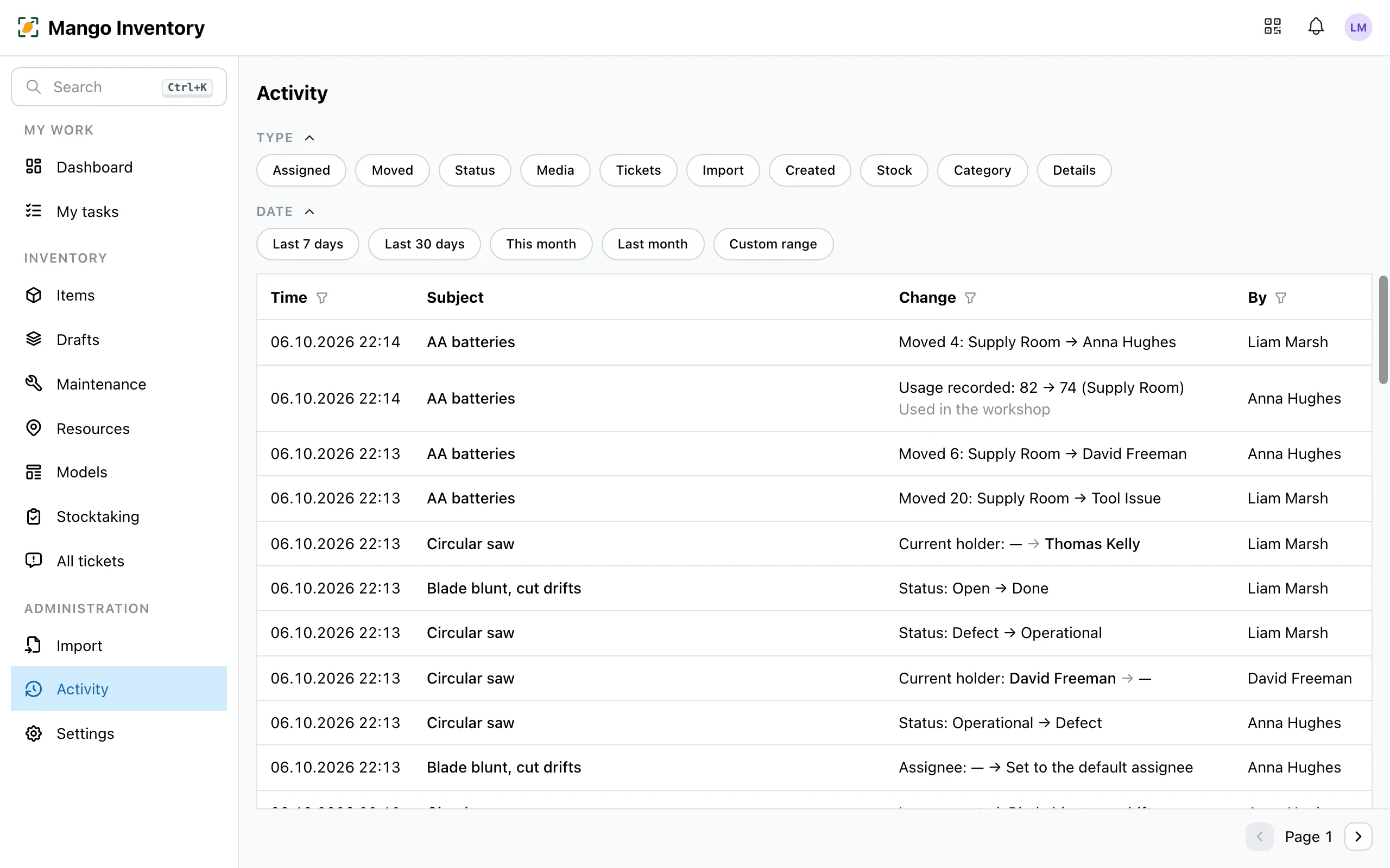 The "Activity" page with the type and date filters and a list of changes to items, tickets and stock