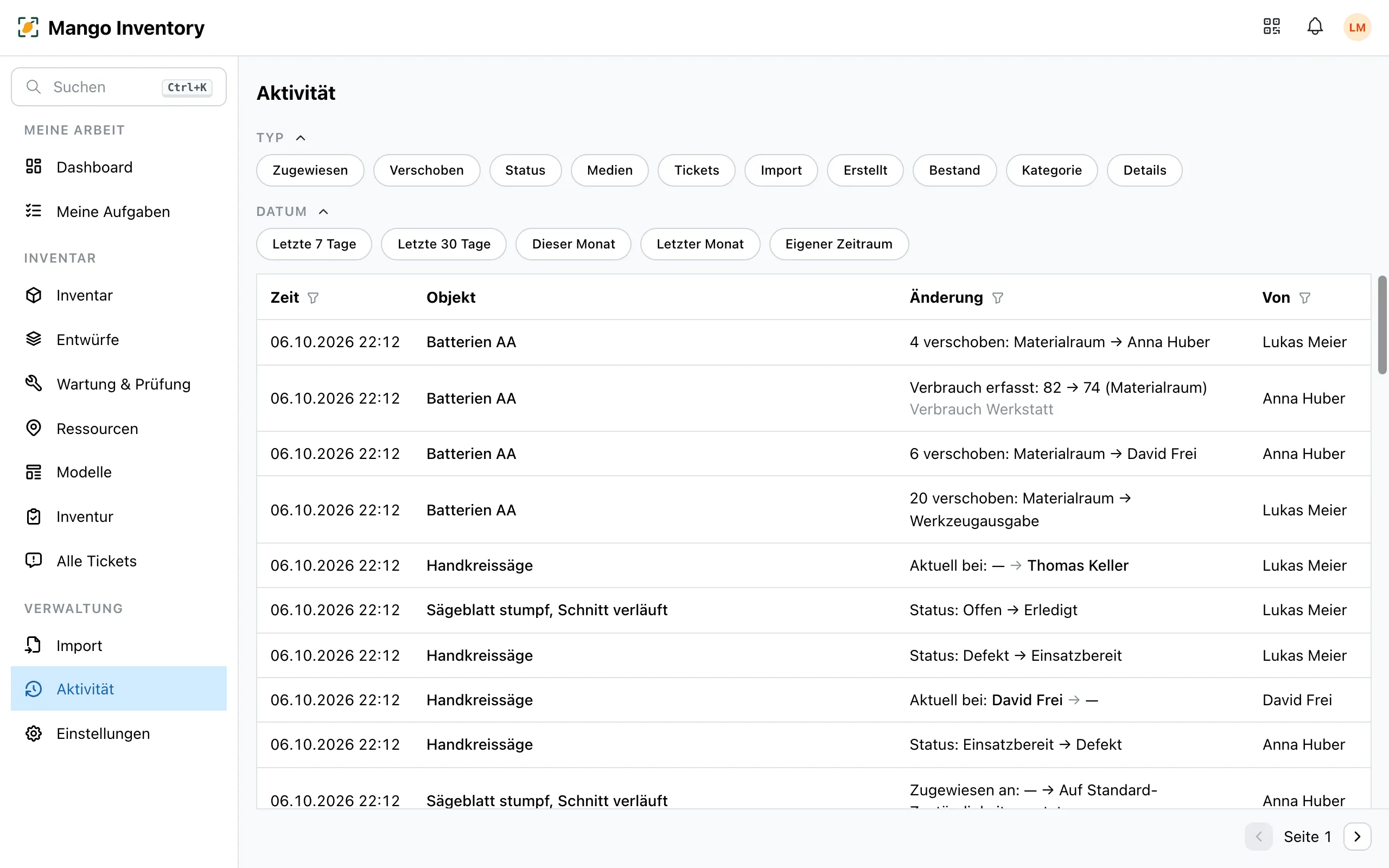 Die Seite «Aktivität» mit den Filtern für Typ und Datum und einer Liste von Änderungen an Gegenständen, Tickets und Beständen