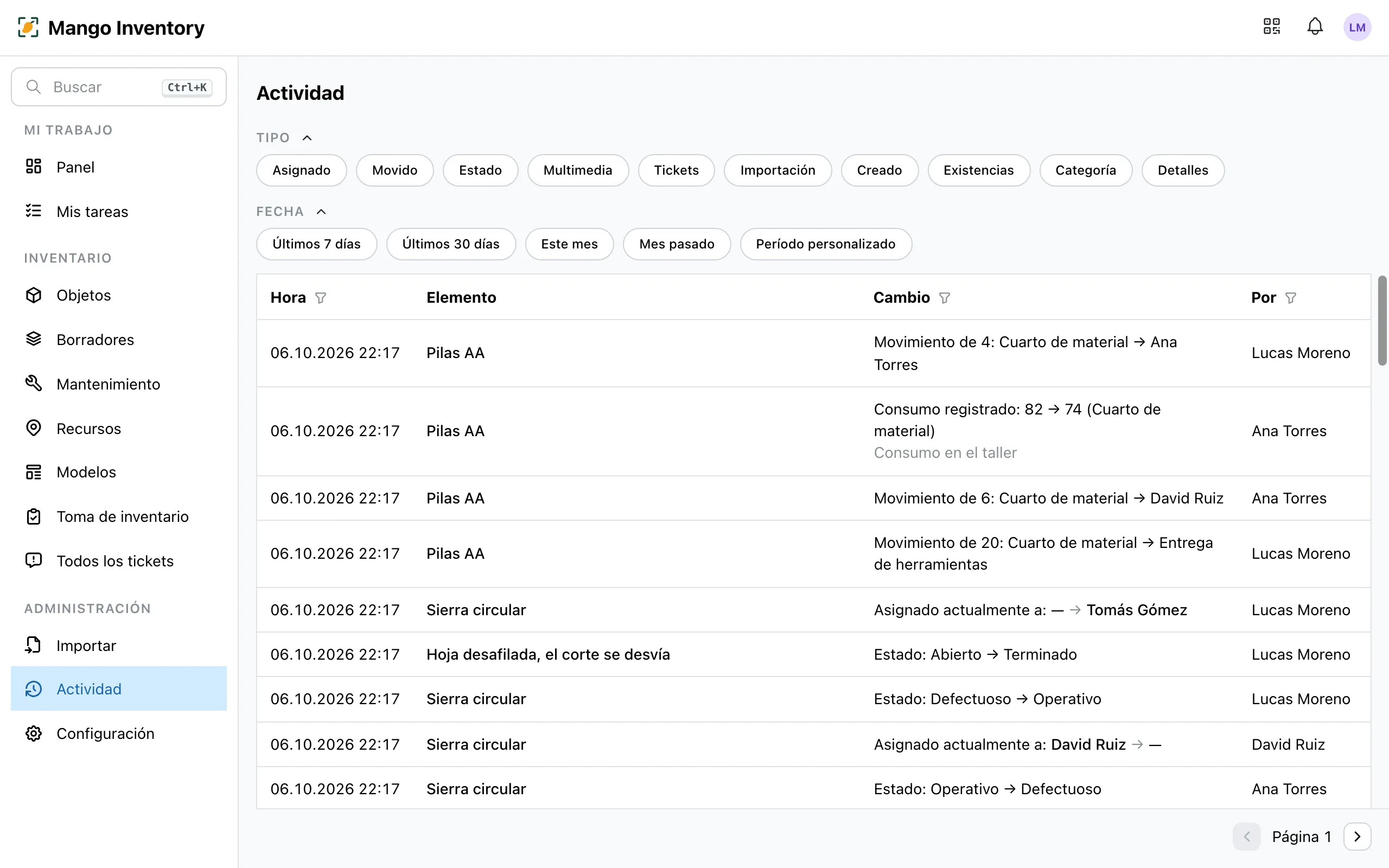 La página «Actividad» con los filtros de tipo y fecha y una lista de cambios en objetos, tickets y existencias