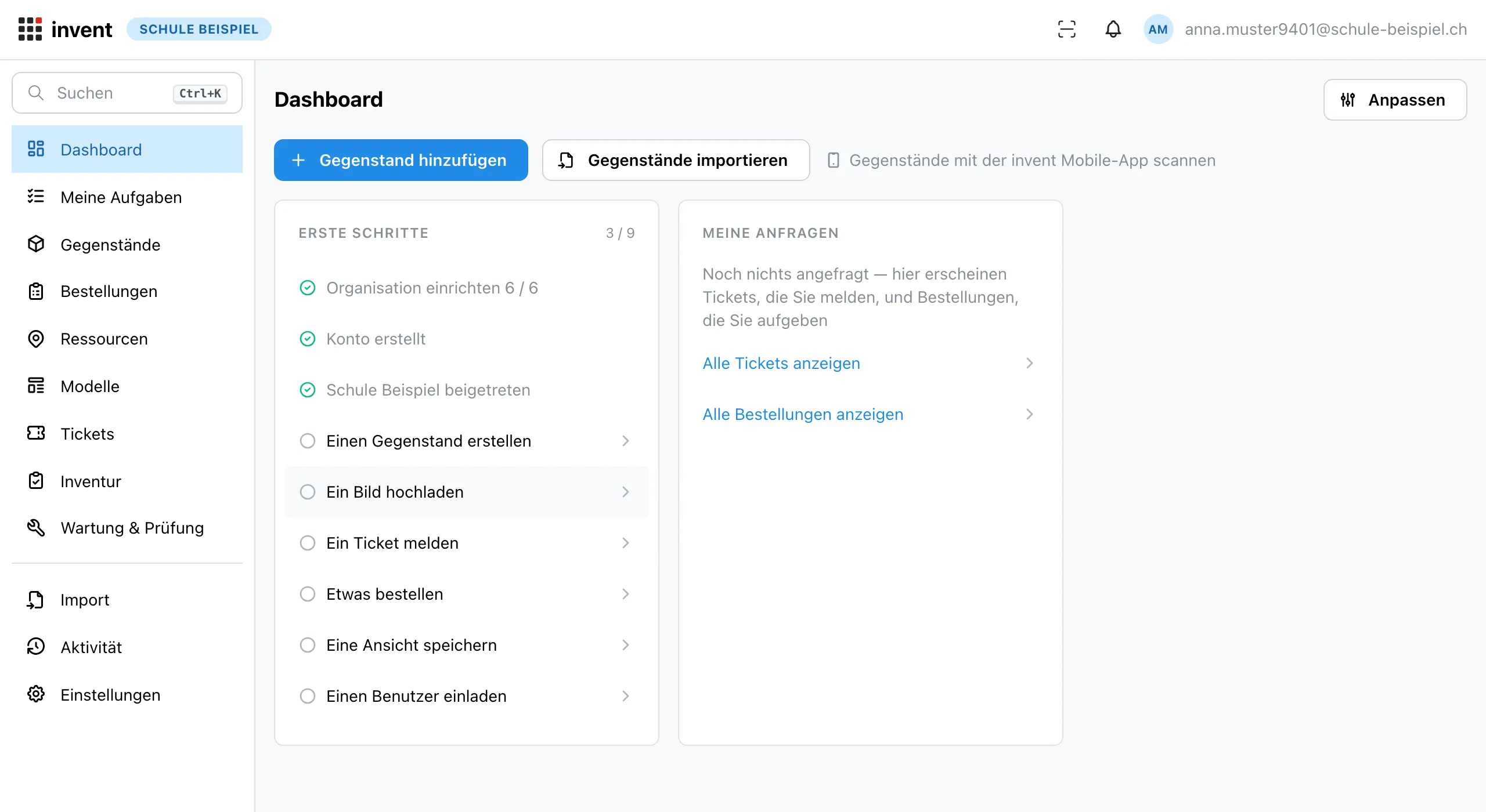 Dashboard einer frischen Organisation mit Checkliste