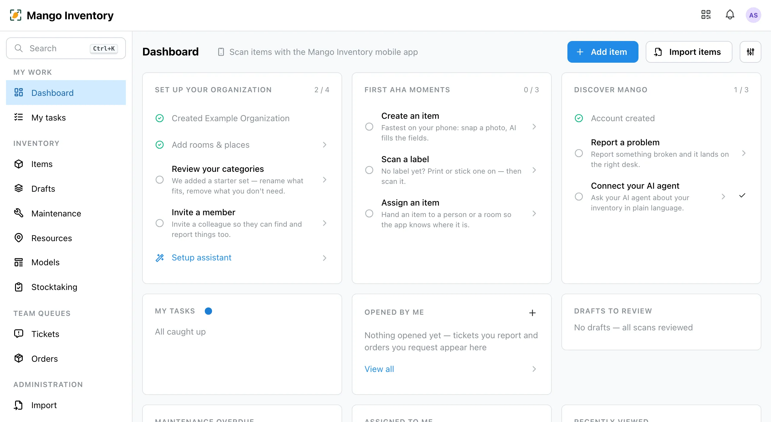 Dashboard of a fresh organization with checklist