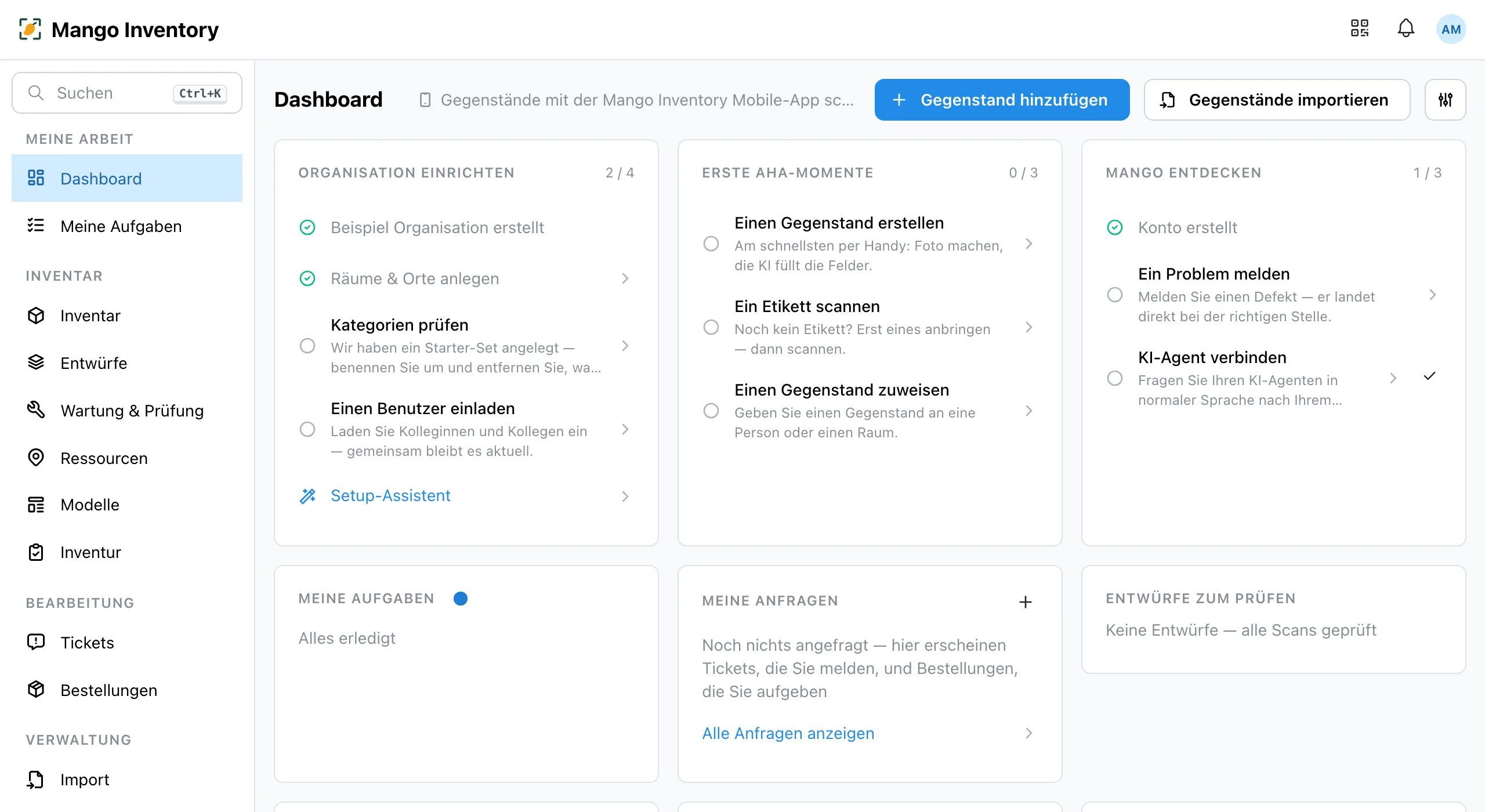 Dashboard einer frischen Organisation mit Checkliste