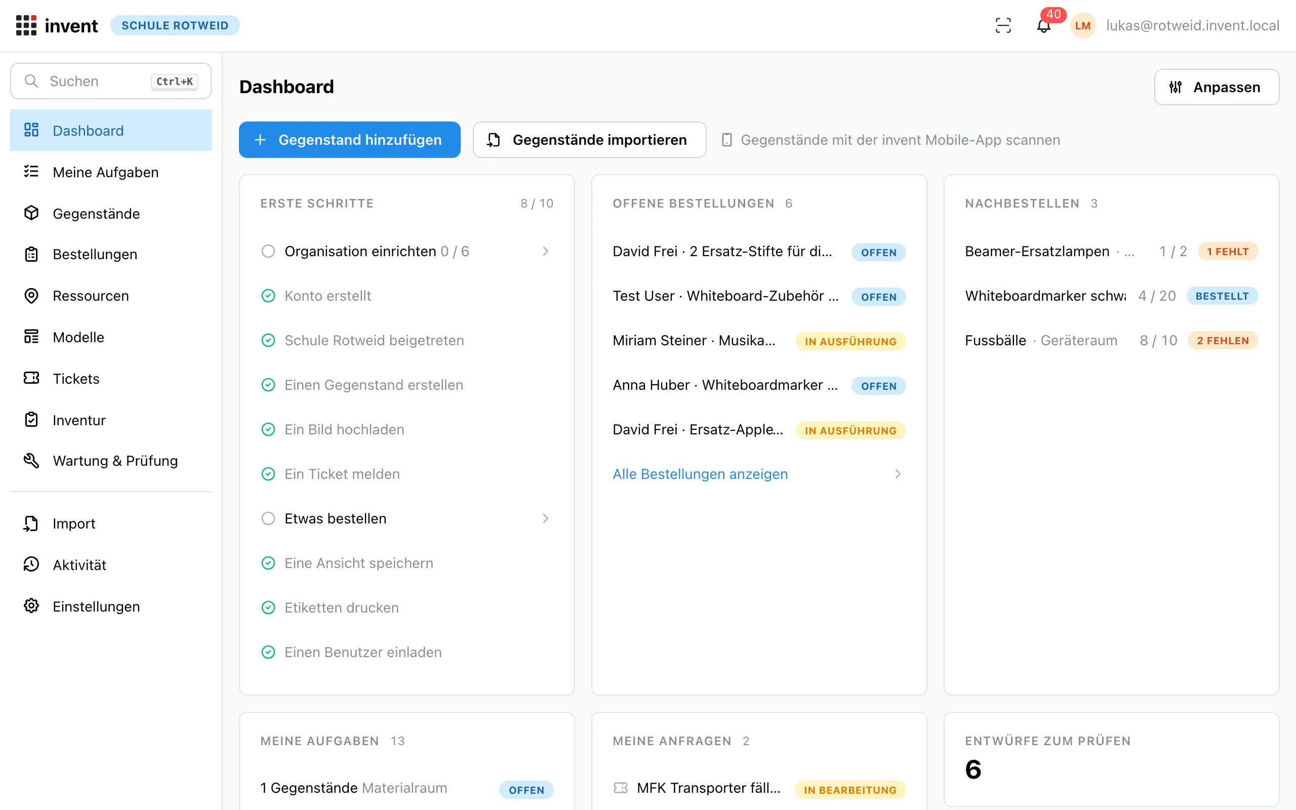Das Dashboard von invent mit Erste-Schritte-Checkliste, offenen Bestellungen und Aufgaben