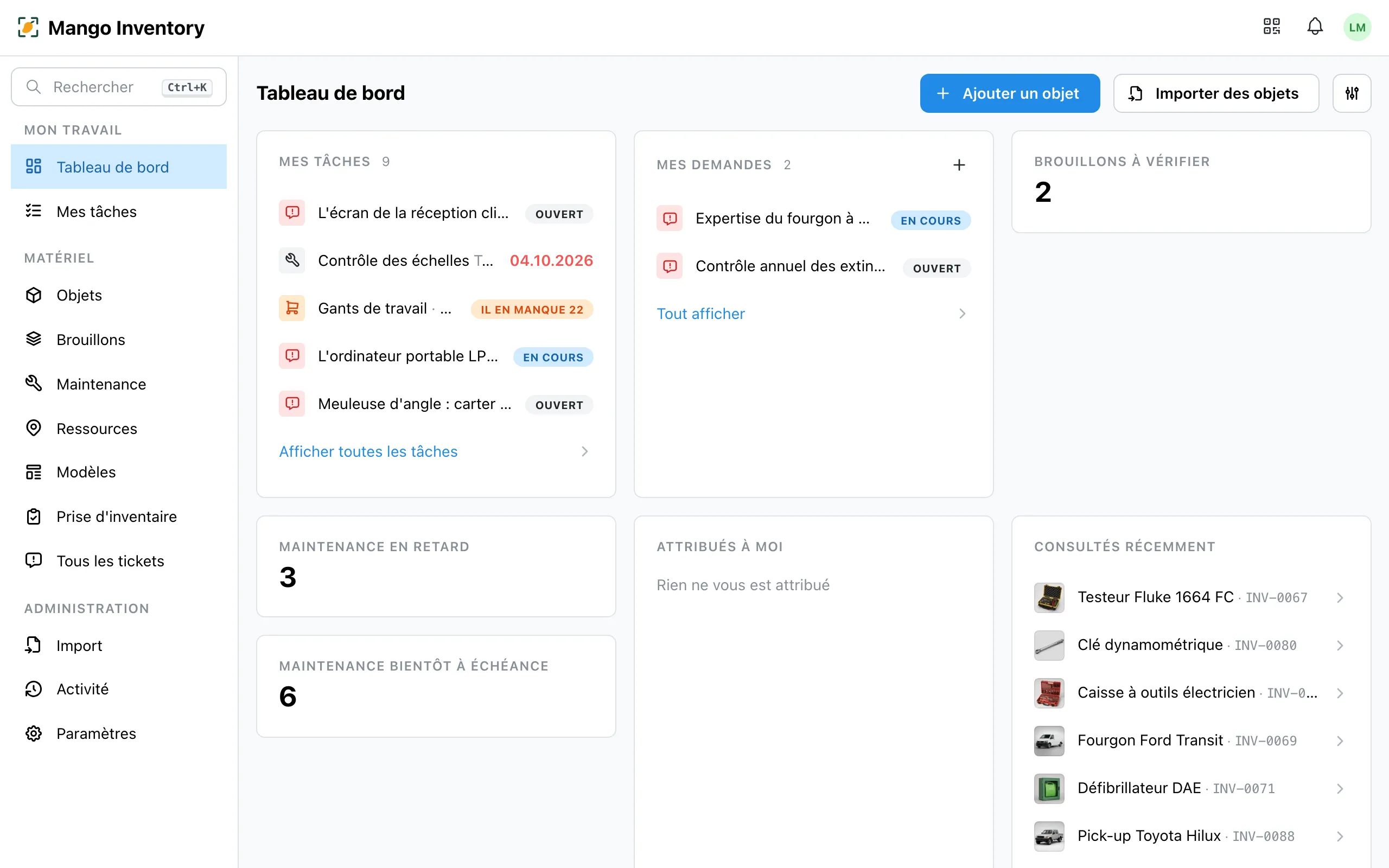 Le tableau de bord de Mango Inventory avec « Mes tâches », « Mes demandes », la maintenance en retard et bientôt à échéance et les objets consultés récemment
