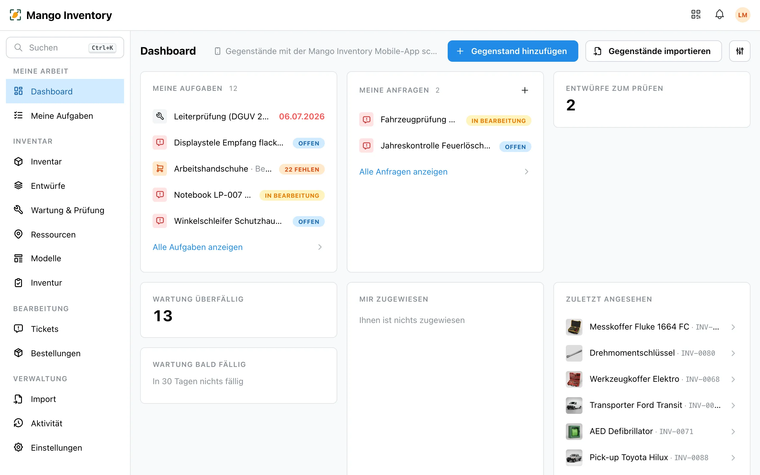 Das Dashboard von Mango Inventory mit offenen Bestellungen, Aufgaben und Kennzahlen