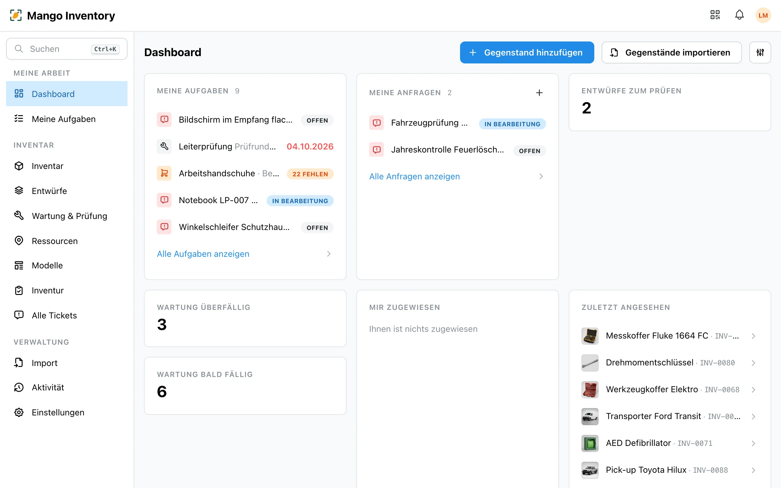 Das Dashboard von Mango Inventory mit «Meine Aufgaben», «Meine Anfragen», überfälliger und bald fälliger Wartung und den zuletzt angesehenen Gegenständen