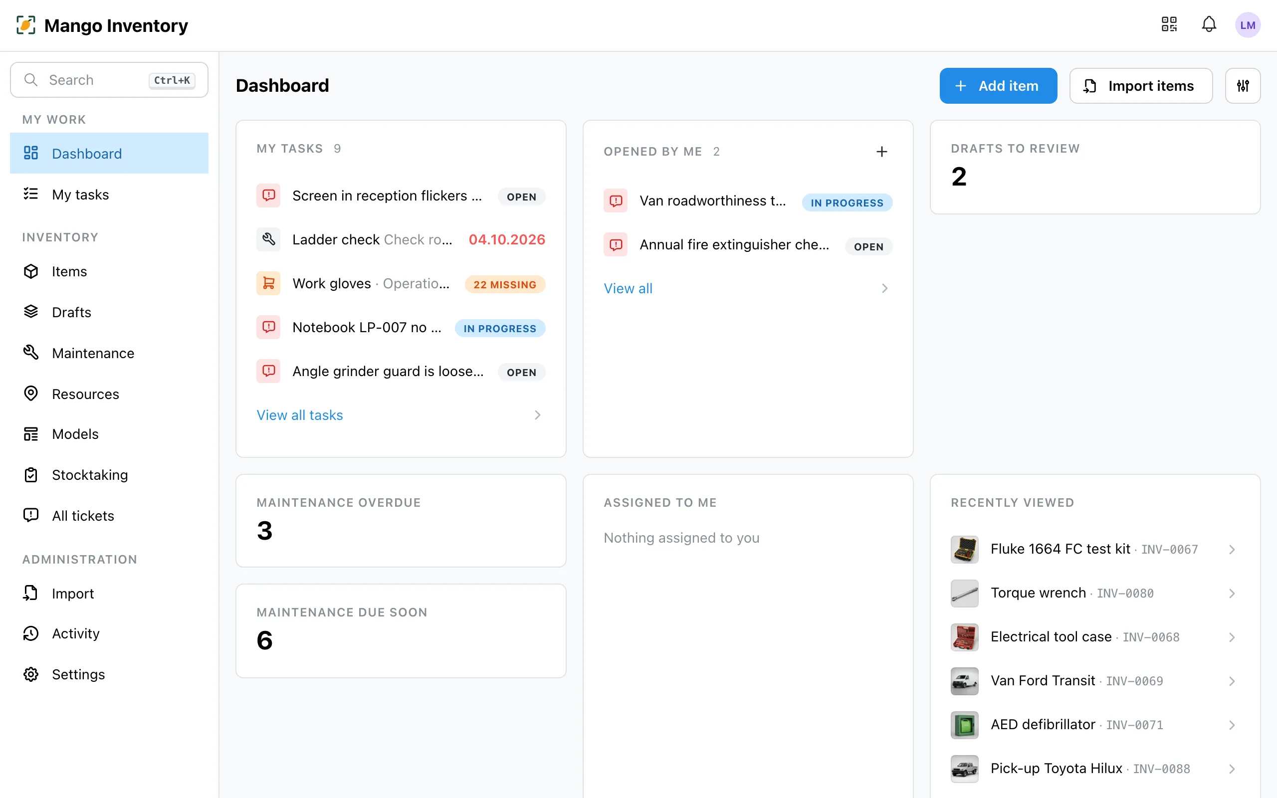 The Mango Inventory dashboard with "My tasks", "My requests", overdue and upcoming maintenance and the recently viewed items