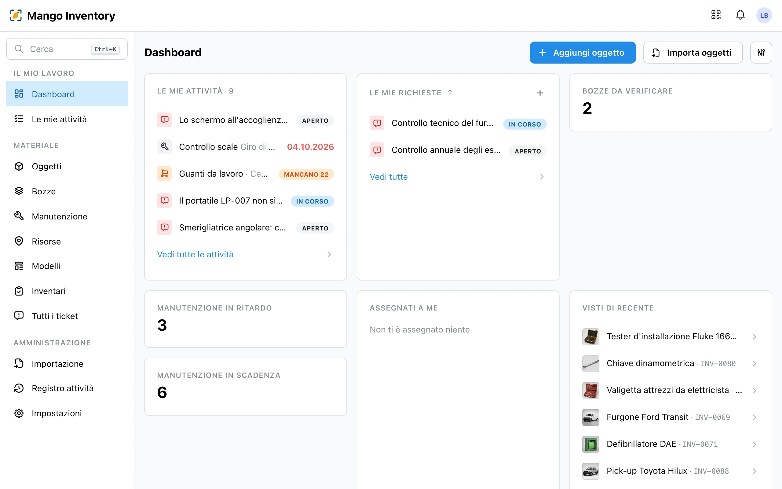 La dashboard di Mango Inventory con «Le mie attività», «Le mie richieste», la manutenzione in ritardo e in scadenza e gli oggetti visti di recente