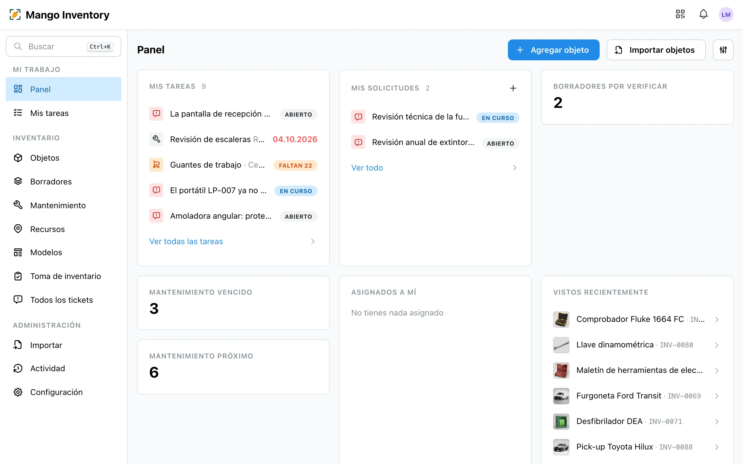 El panel de Mango Inventory con «Mis tareas», «Mis solicitudes», el mantenimiento vencido y próximo y los objetos vistos recientemente