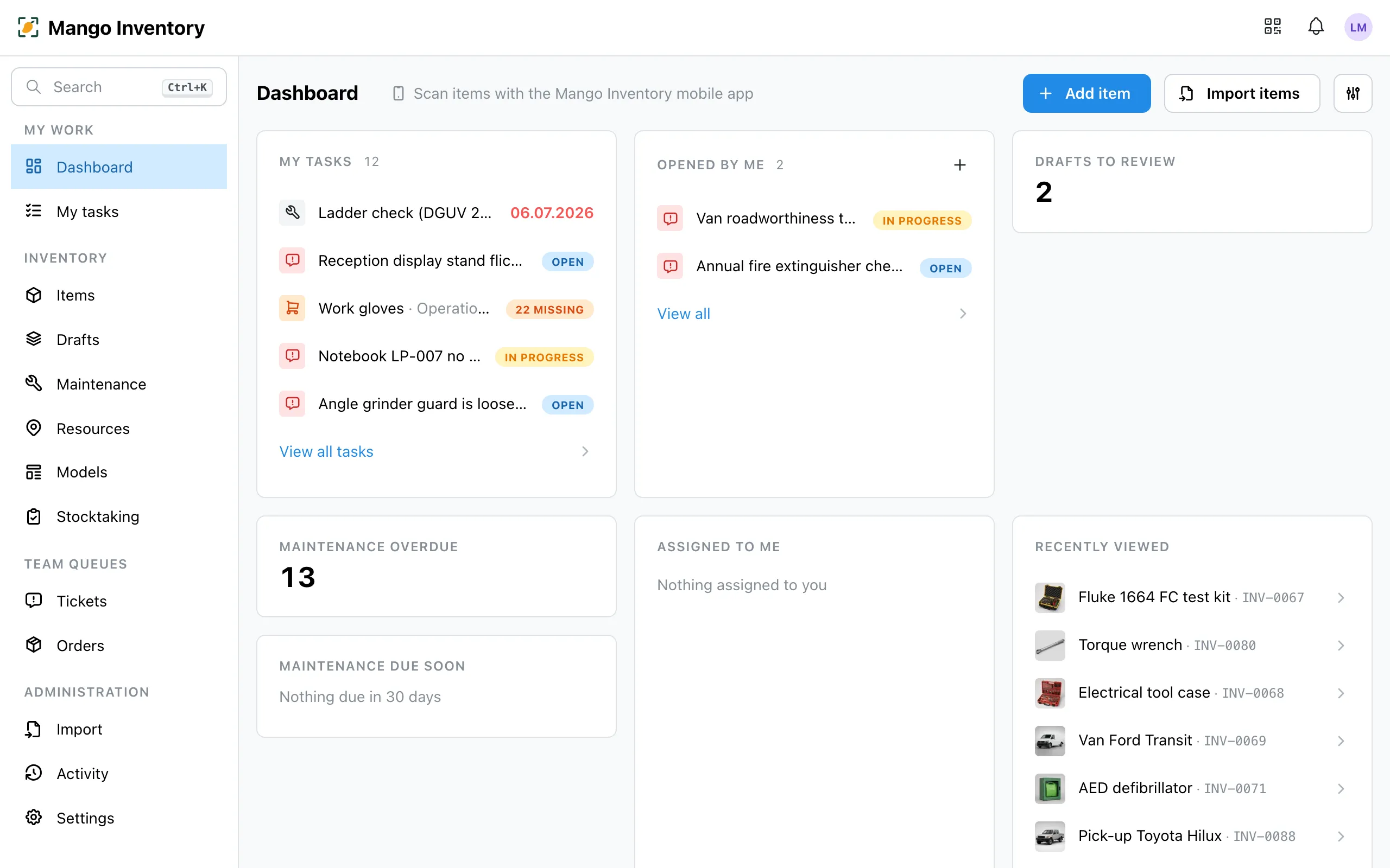 The Mango Inventory dashboard with open orders, tasks and key figures
