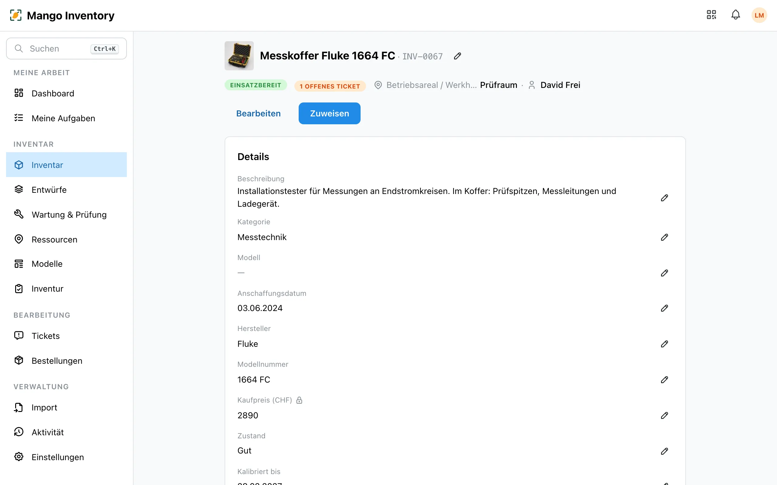 Detailseite eines Gegenstands