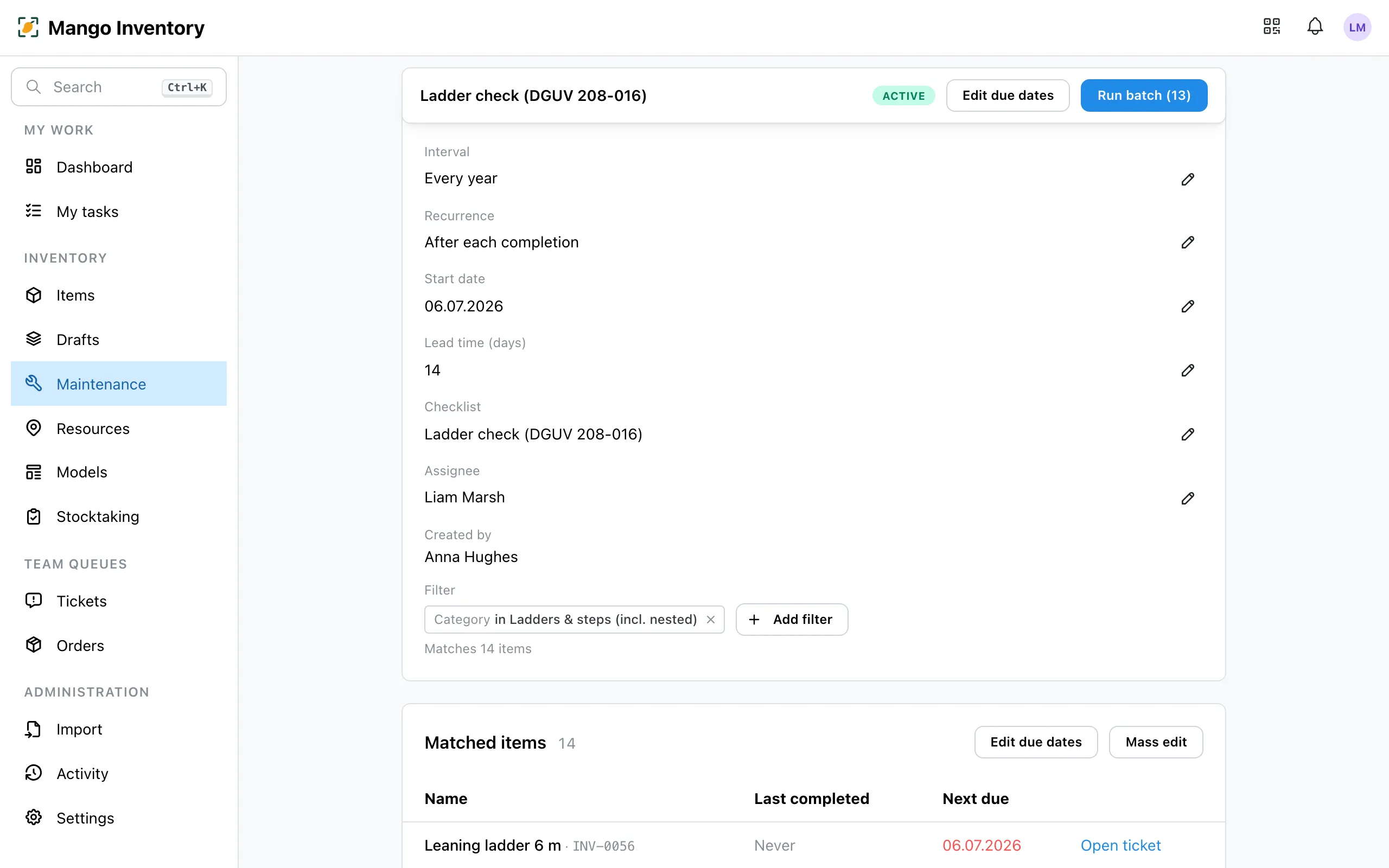 A maintenance plan's detail page