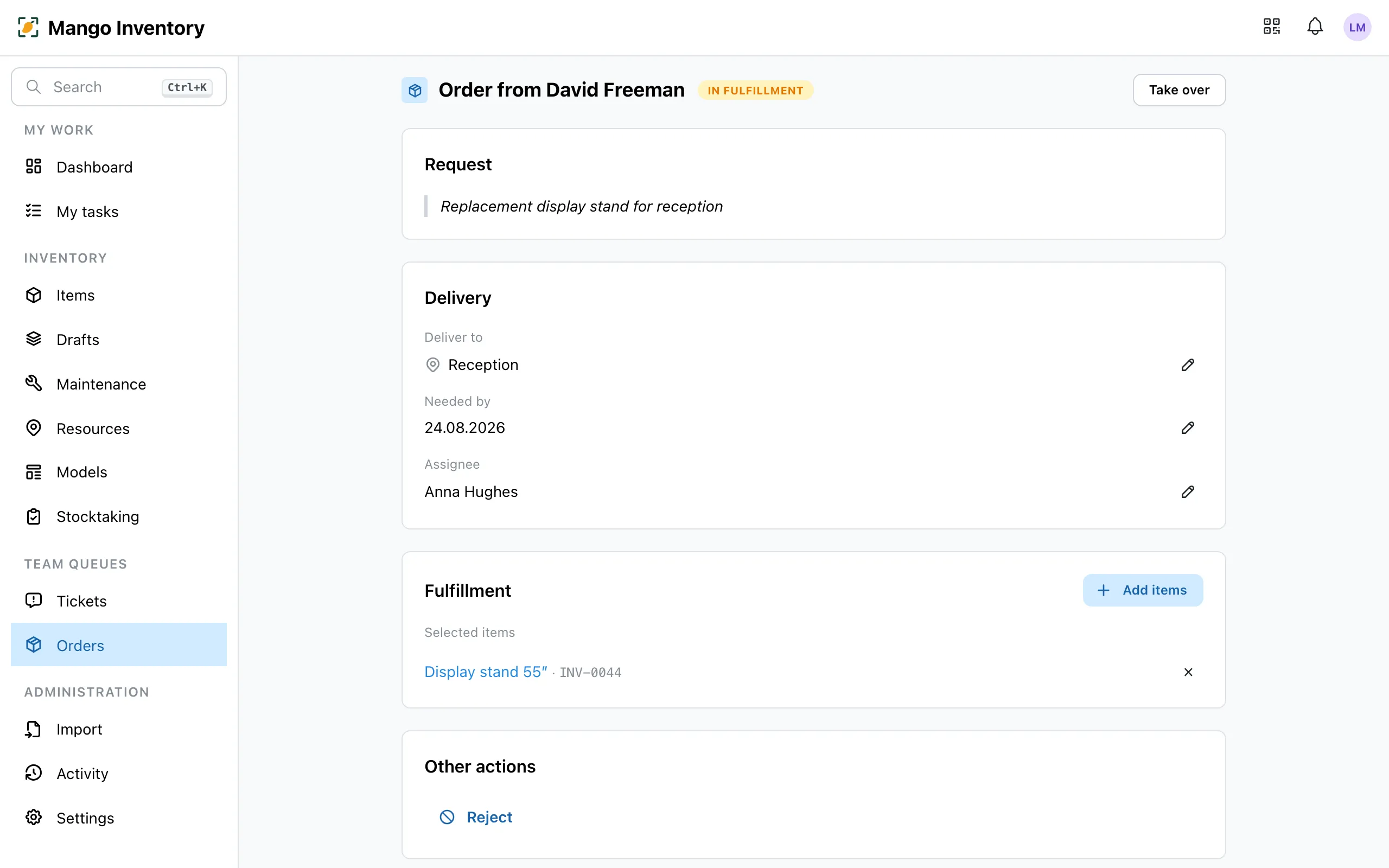 Order detail with fulfillment section