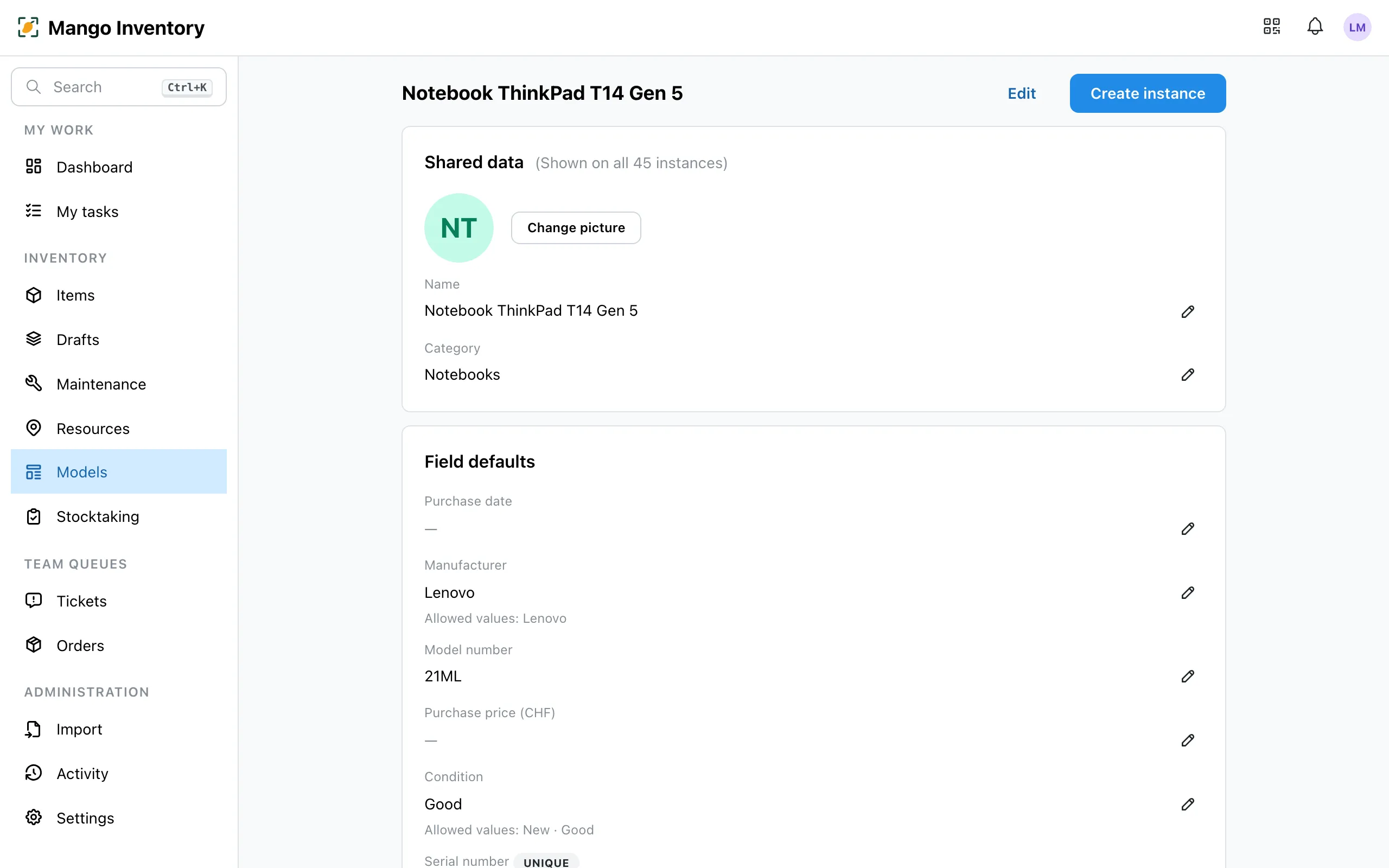 A model's detail page with field defaults and units