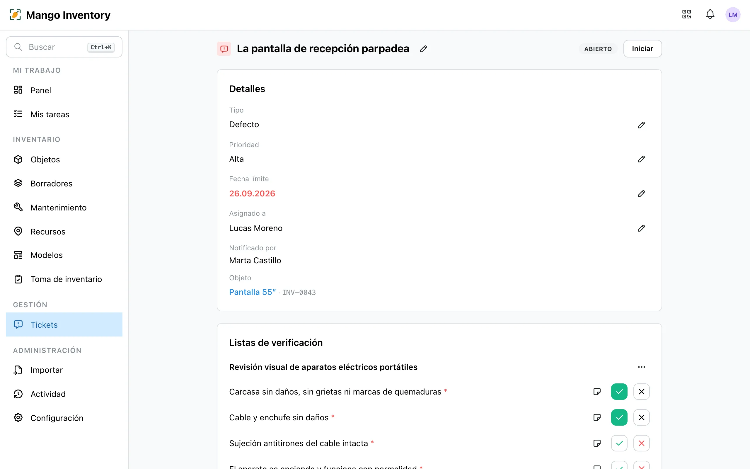 Página de detalle de un ticket