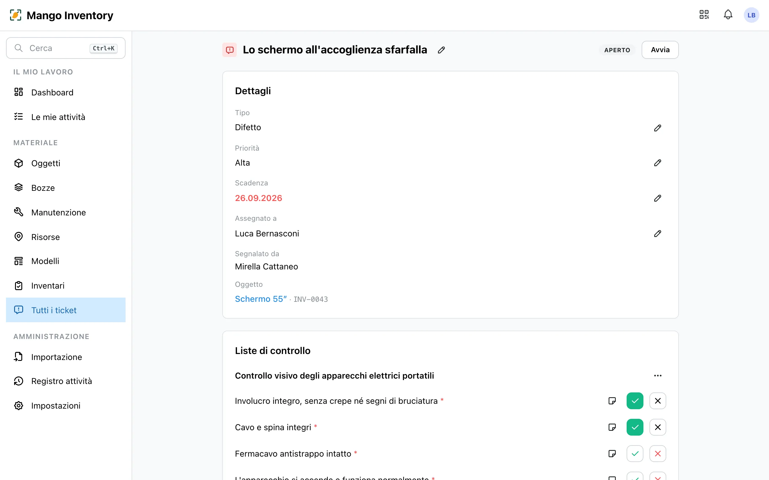 Pagina di dettaglio di un ticket