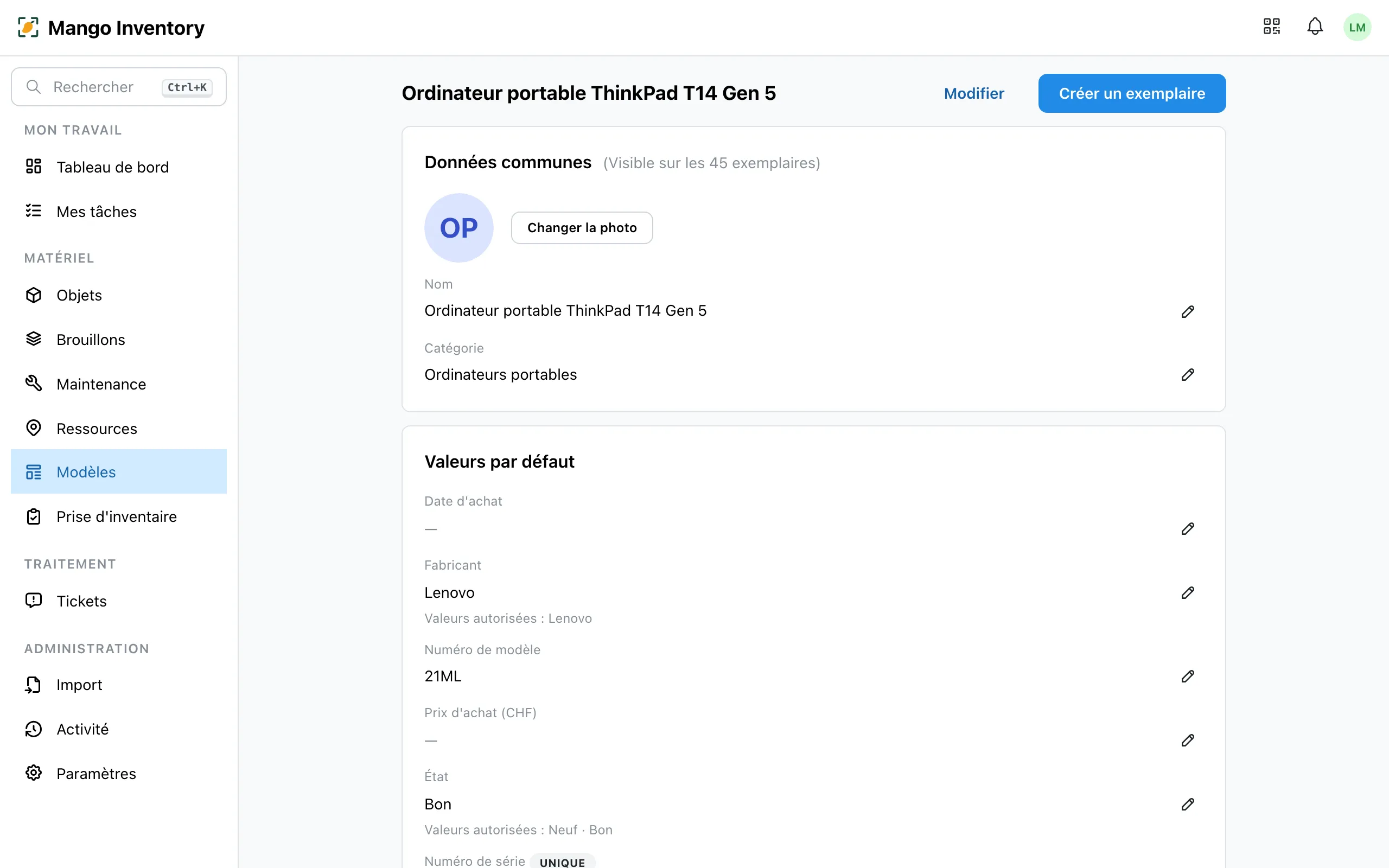 La page de détail d'un modèle d'objet avec ses valeurs et ses appareils