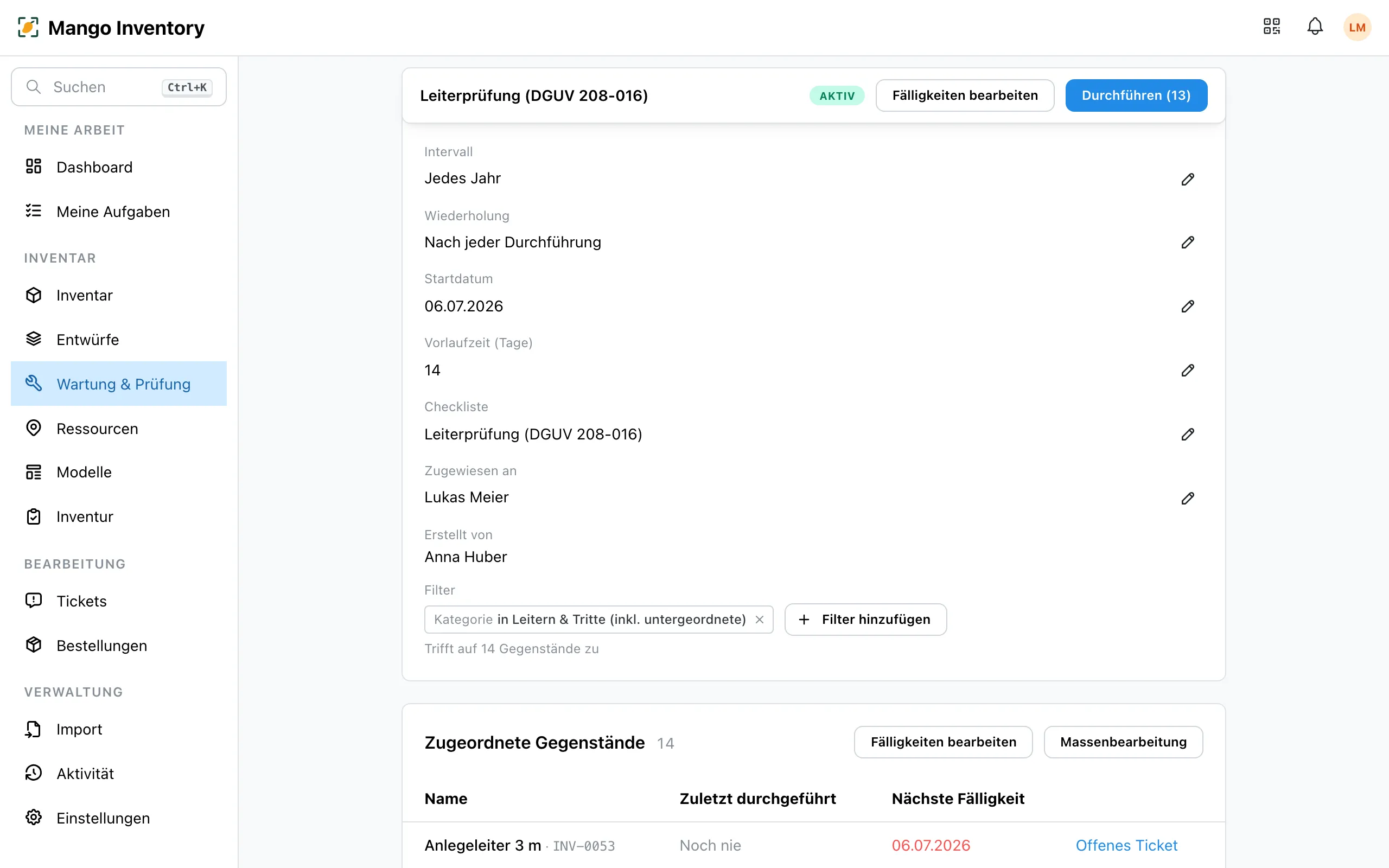 Detailseite eines Wartungsplans