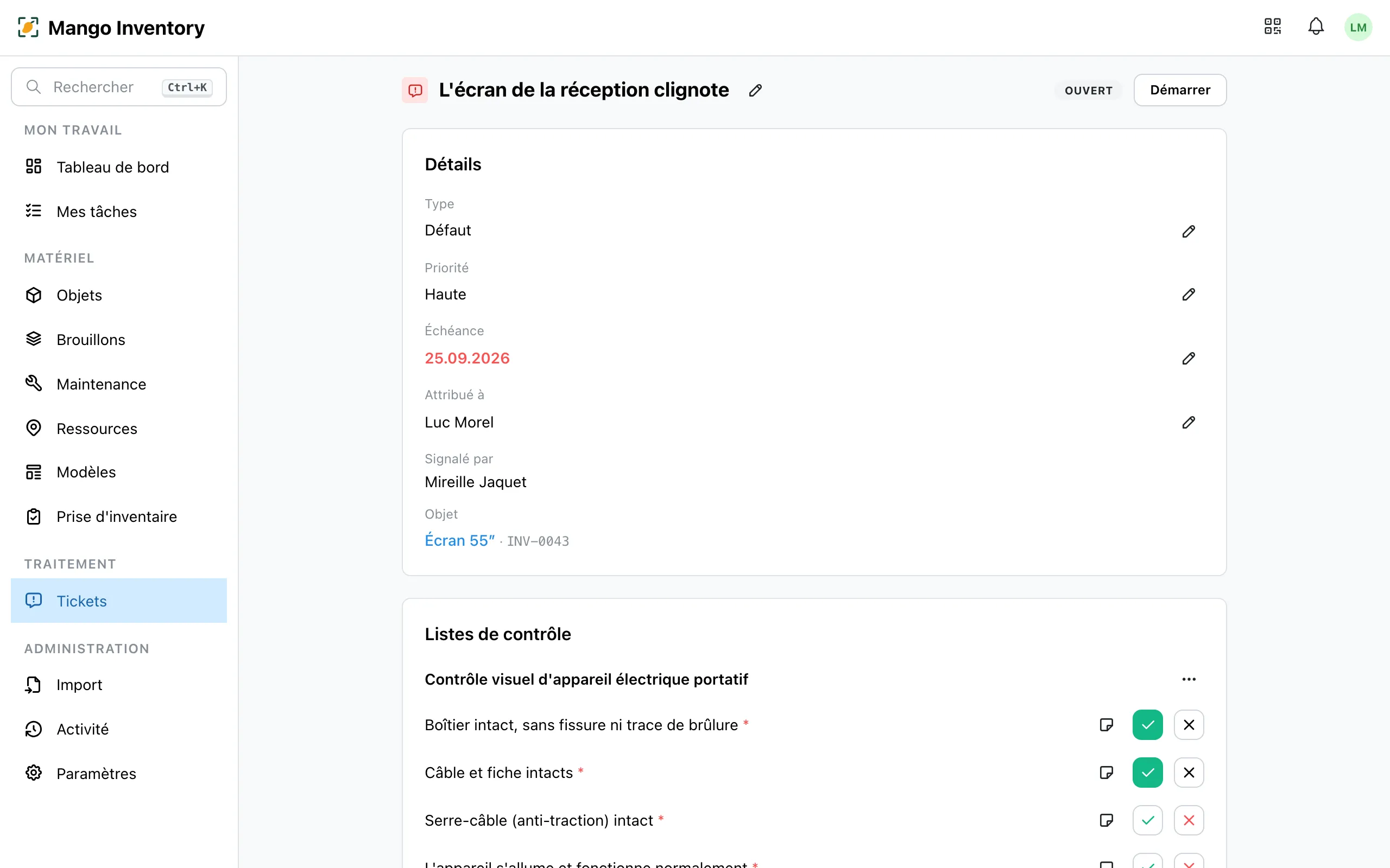 La page de détail d'un ticket