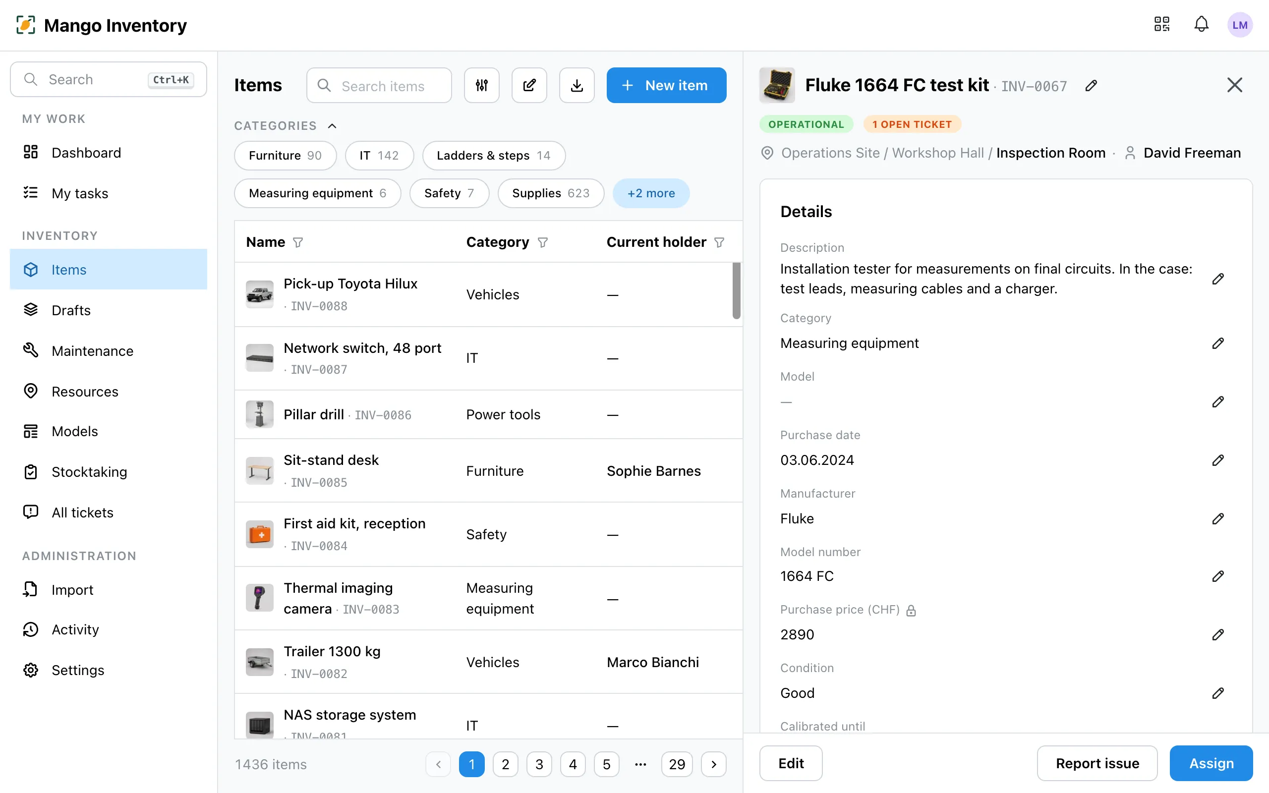 An open item beside the list: the test kit with its status, one open ticket, its location, its holder and the buttons to edit, report a problem and assign