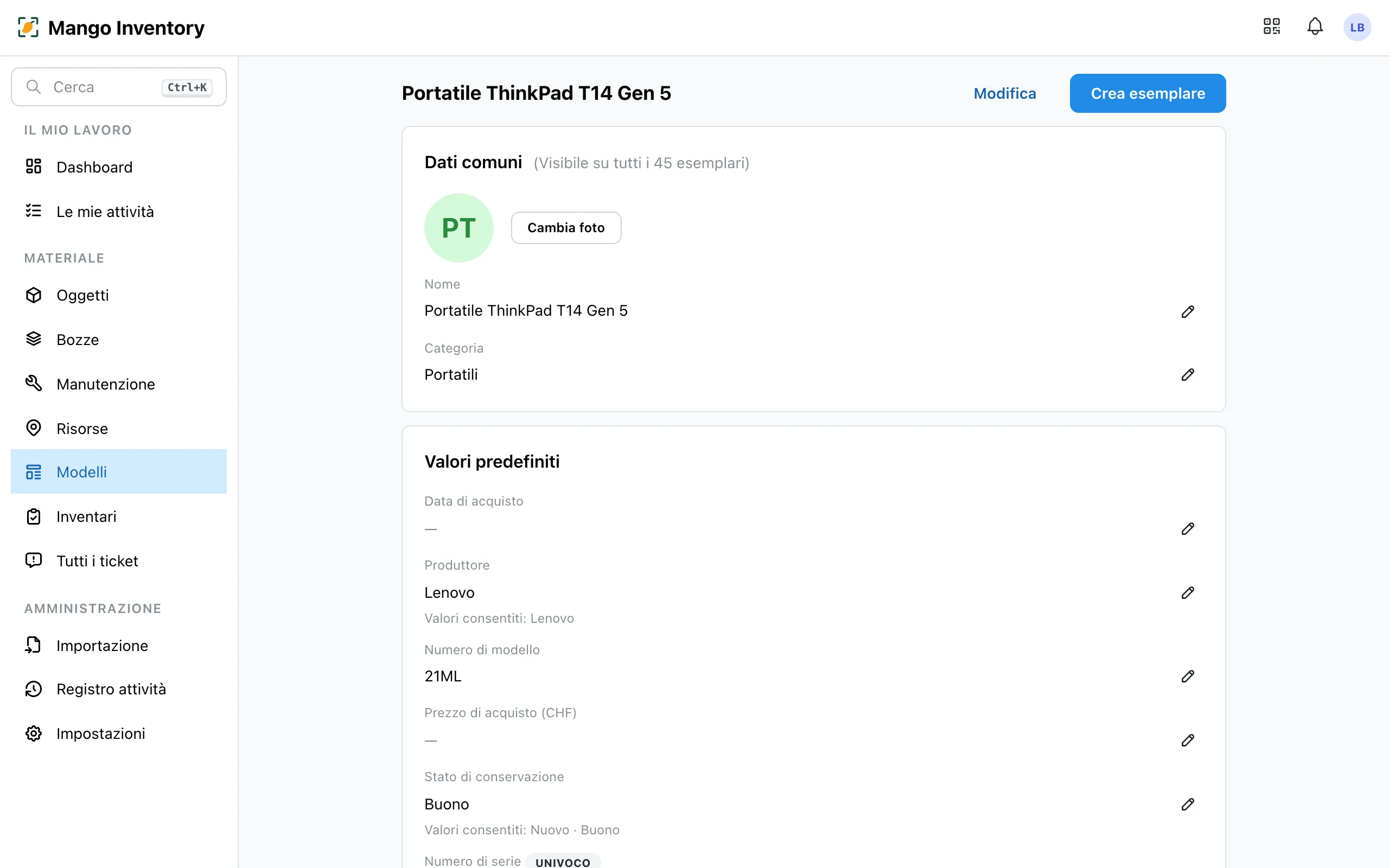 La pagina di dettaglio di un modello di oggetto con i suoi valori e i suoi apparecchi