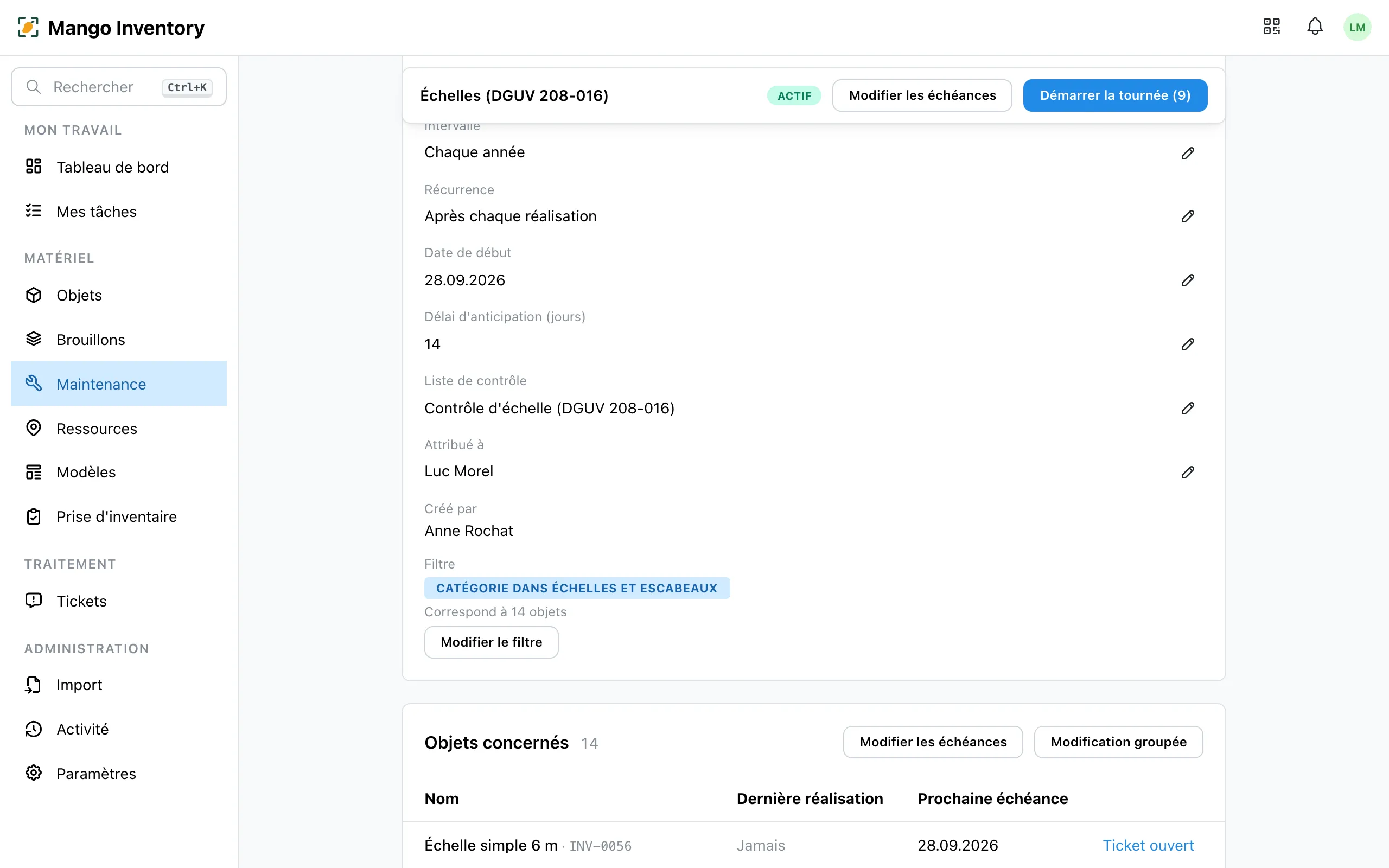 La page de détail d'un plan de maintenance