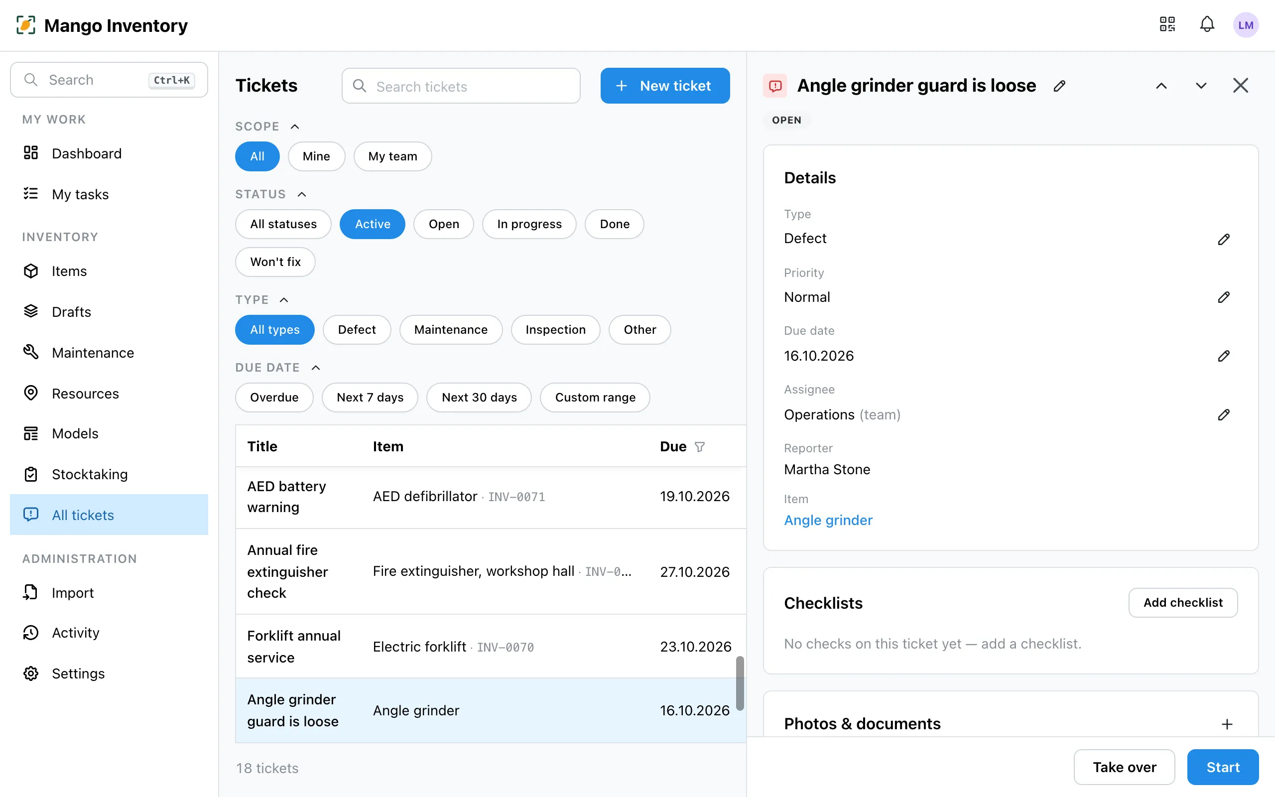 An open ticket beside the ticket list: its status, type, priority, due date, the team it is assigned to, the item and the buttons to take it over and start