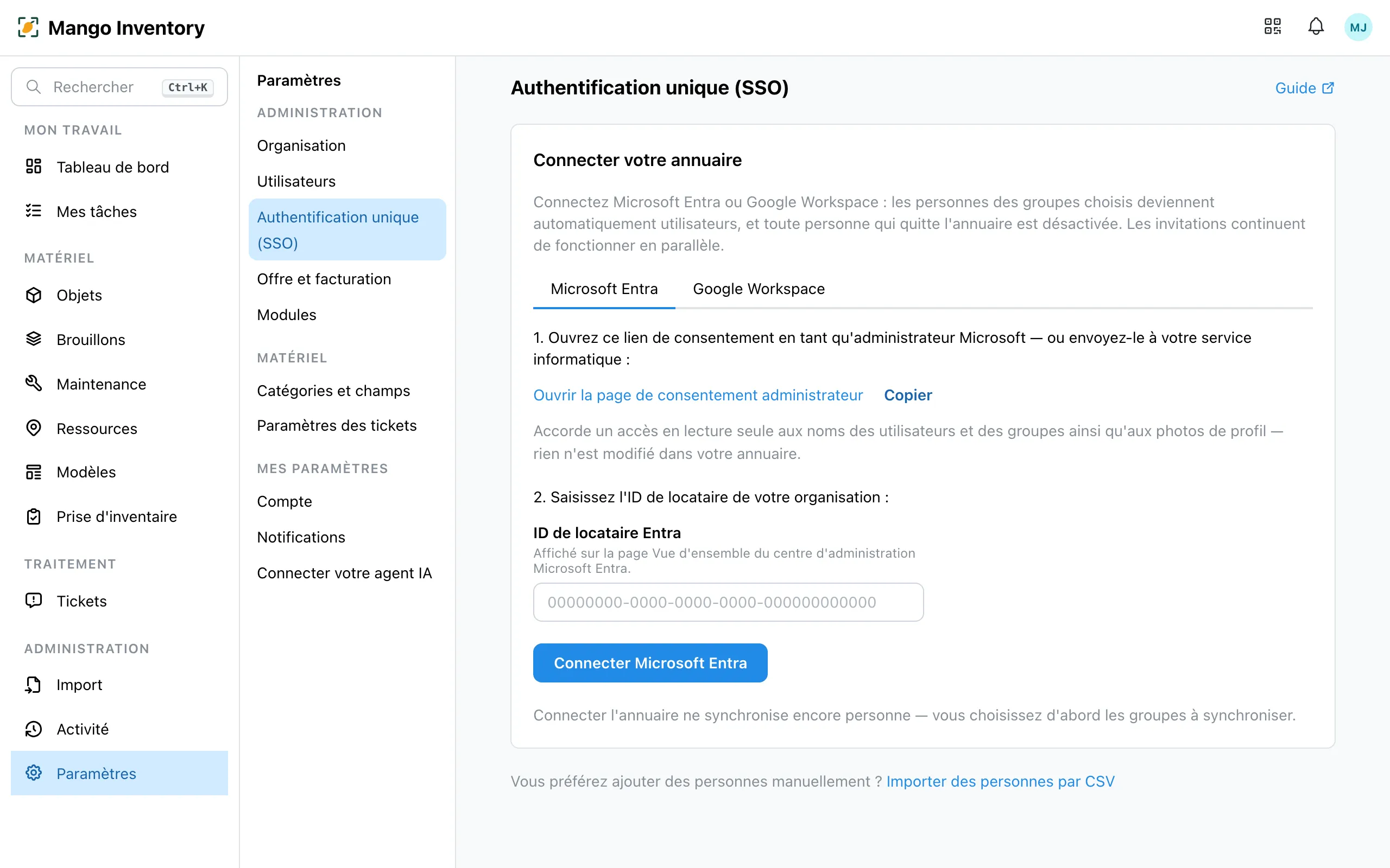La carte « Connecter votre annuaire » dans Mango Inventory avec l'onglet « Microsoft Entra » actif : l'étape 1 avec le lien de consentement, l'étape 2 avec le champ « ID de locataire Entra » et le bouton « Connecter Microsoft Entra »