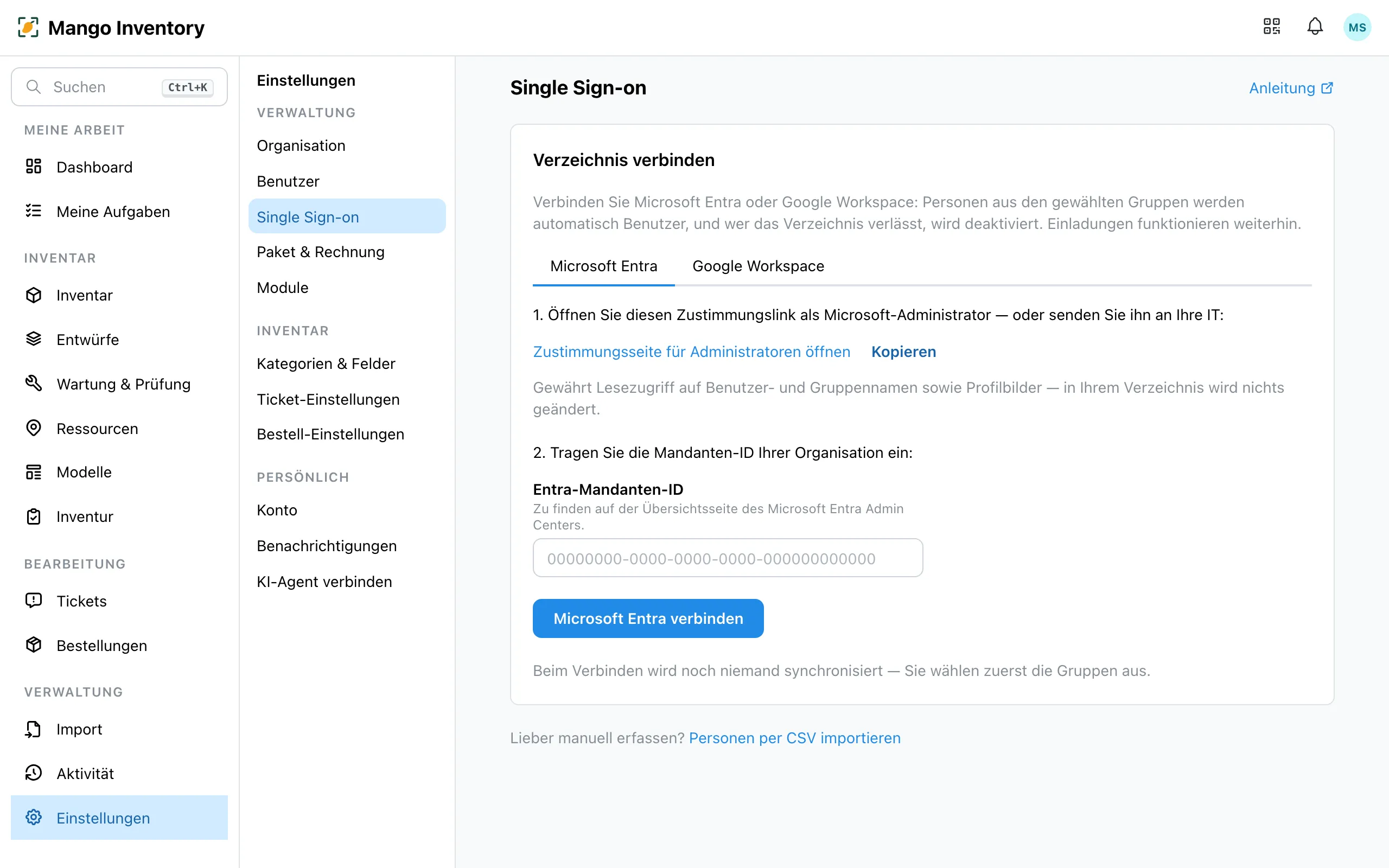 Die Karte «Verzeichnis verbinden» in Mango Inventory mit aktivem Reiter «Microsoft Entra»: Schritt 1 mit dem Zustimmungslink, Schritt 2 mit dem Feld «Entra-Mandanten-ID» und der Schaltfläche «Microsoft Entra verbinden»