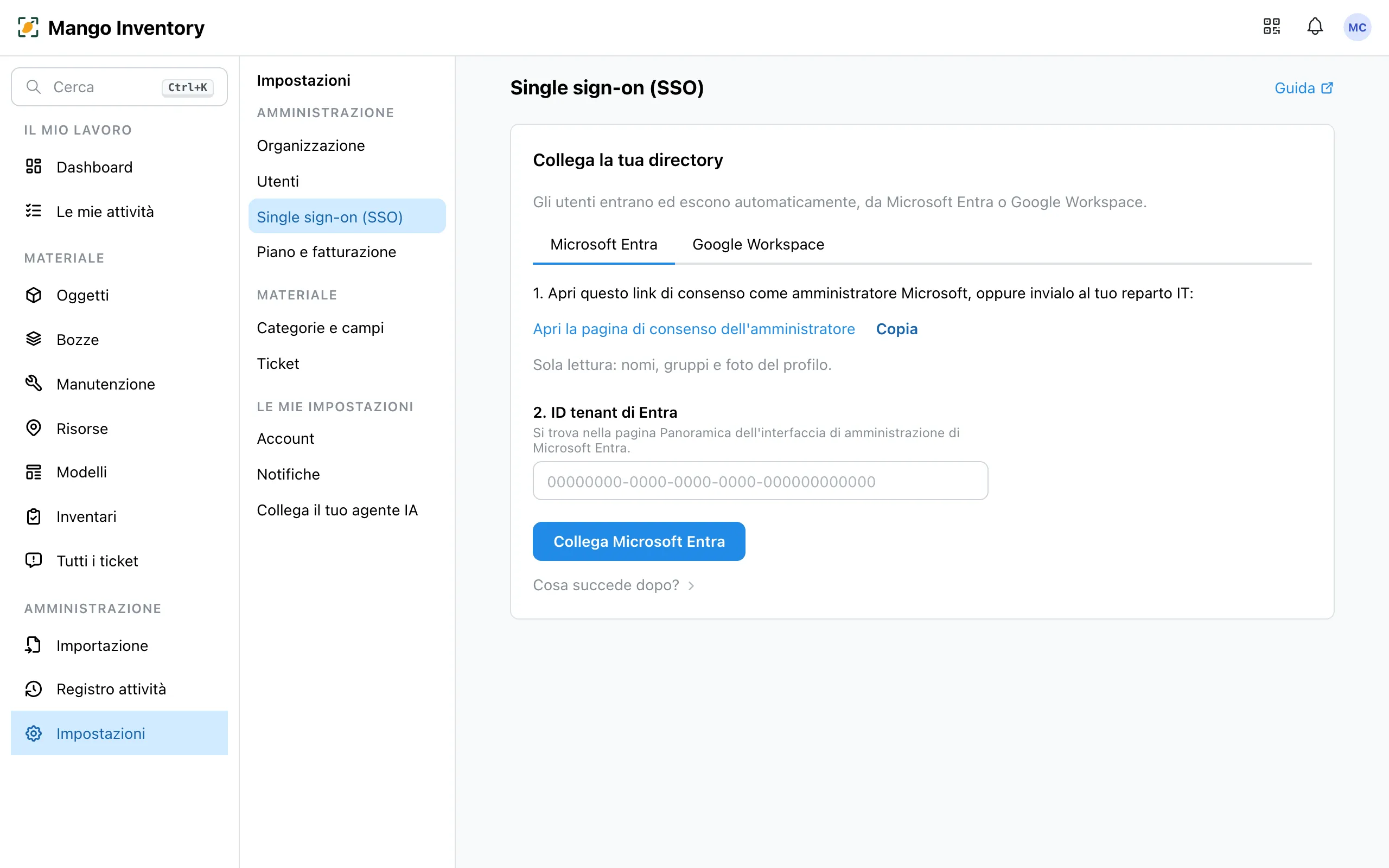 Il riquadro «Collega la tua directory» in Mango Inventory con la scheda «Microsoft Entra» attiva: il passaggio 1 con il link per il consenso, il passaggio 2 con il campo «ID tenant di Entra» e il pulsante «Collega Microsoft Entra»