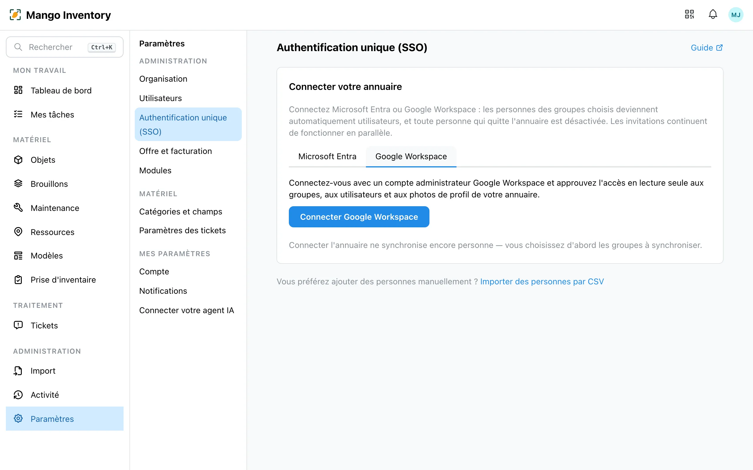 La carte « Connecter votre annuaire » dans Mango Inventory avec l'onglet « Google Workspace » actif et le bouton « Connecter Google Workspace »