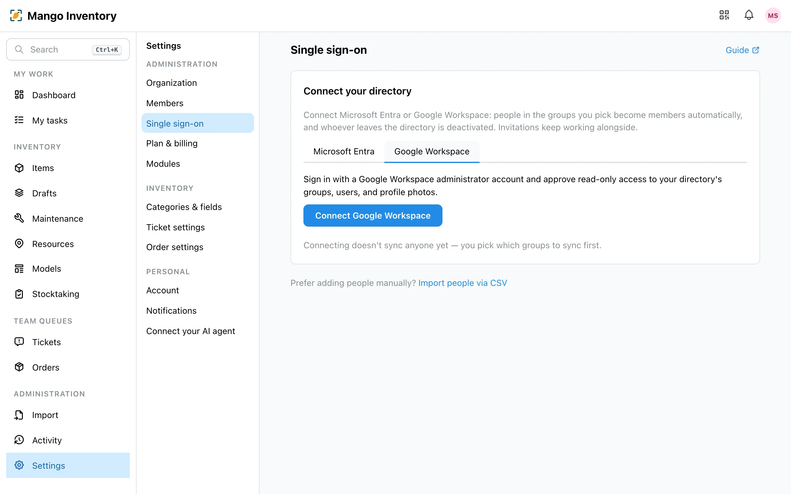The "Connect your directory" card in Mango Inventory with the "Google Workspace" tab active and the "Connect Google Workspace" button