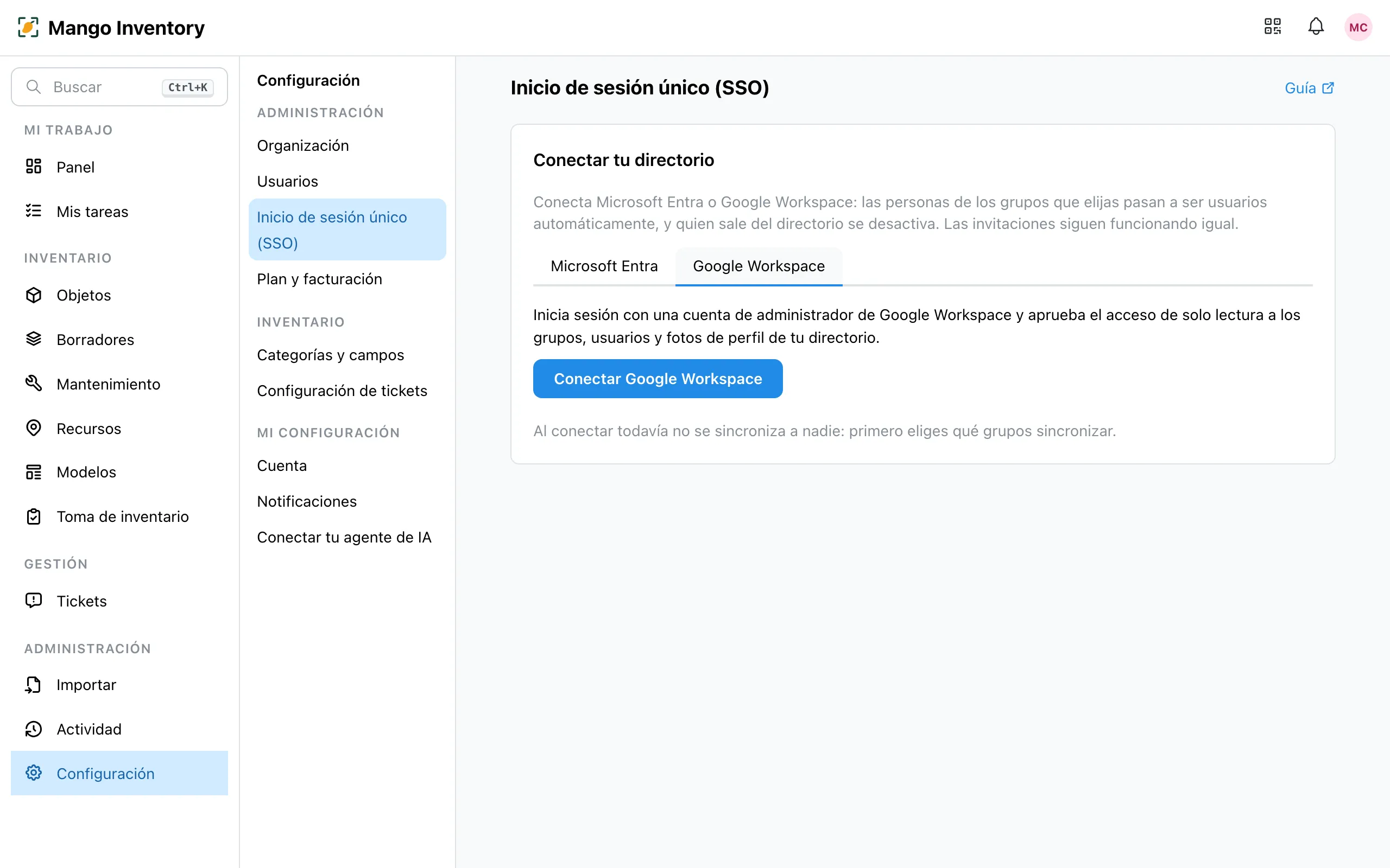 La tarjeta «Conectar tu directorio» en Mango Inventory con la pestaña «Google Workspace» activa y el botón «Conectar Google Workspace»