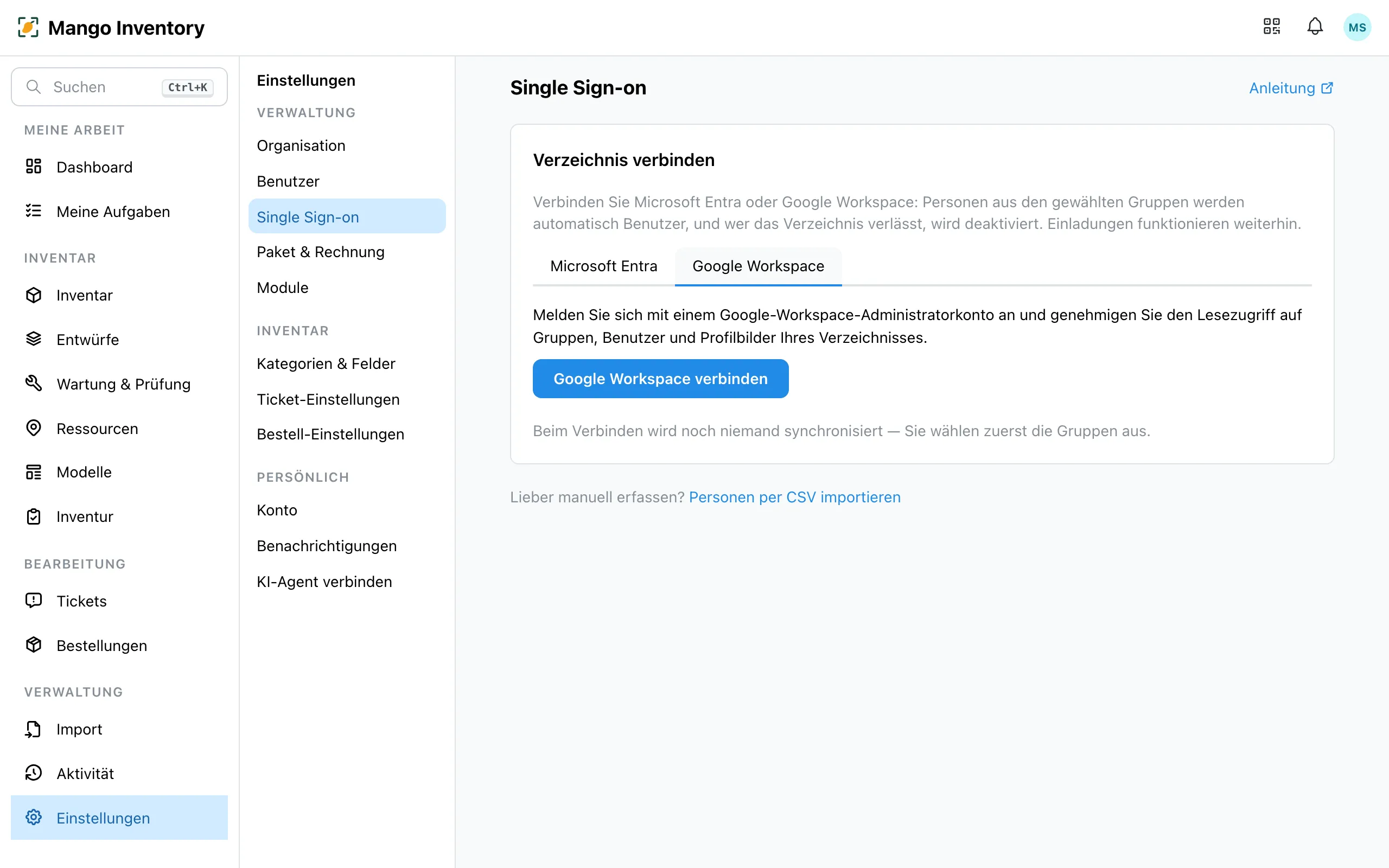 Die Karte «Verzeichnis verbinden» in Mango Inventory mit aktivem Reiter «Google Workspace» und der Schaltfläche «Google Workspace verbinden»