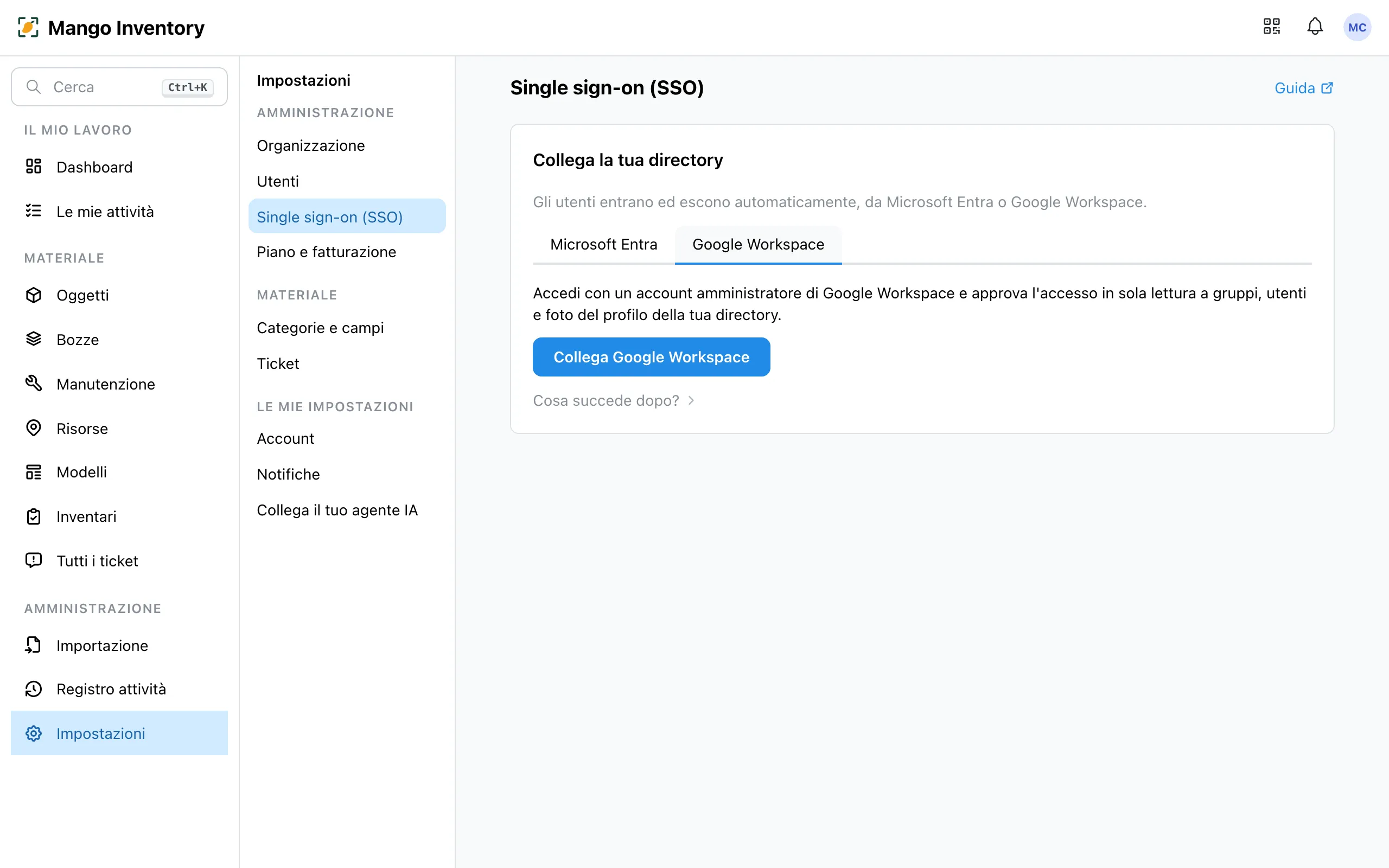 Il riquadro «Collega la tua directory» in Mango Inventory con la scheda «Google Workspace» attiva e il pulsante «Collega Google Workspace»