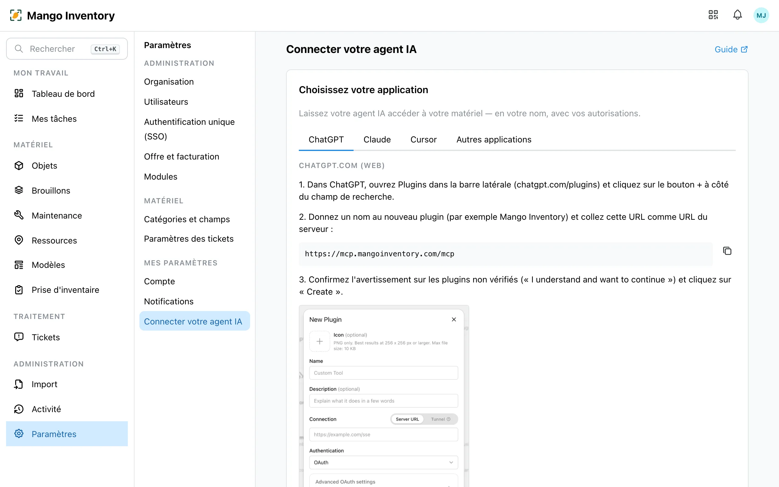 La page de paramètres « Connecter votre agent IA »