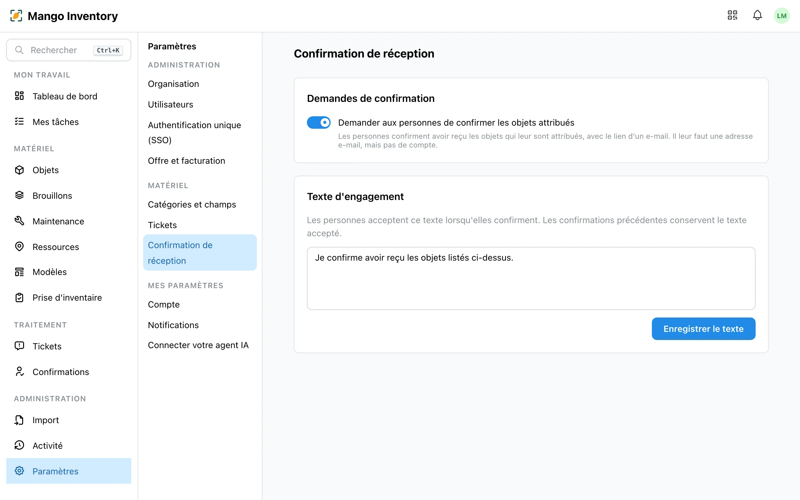 Paramètres → Confirmation de réception : l'interrupteur activé, le texte d'engagement avec le texte d'exemple en dessous, et « Enregistrer le texte »