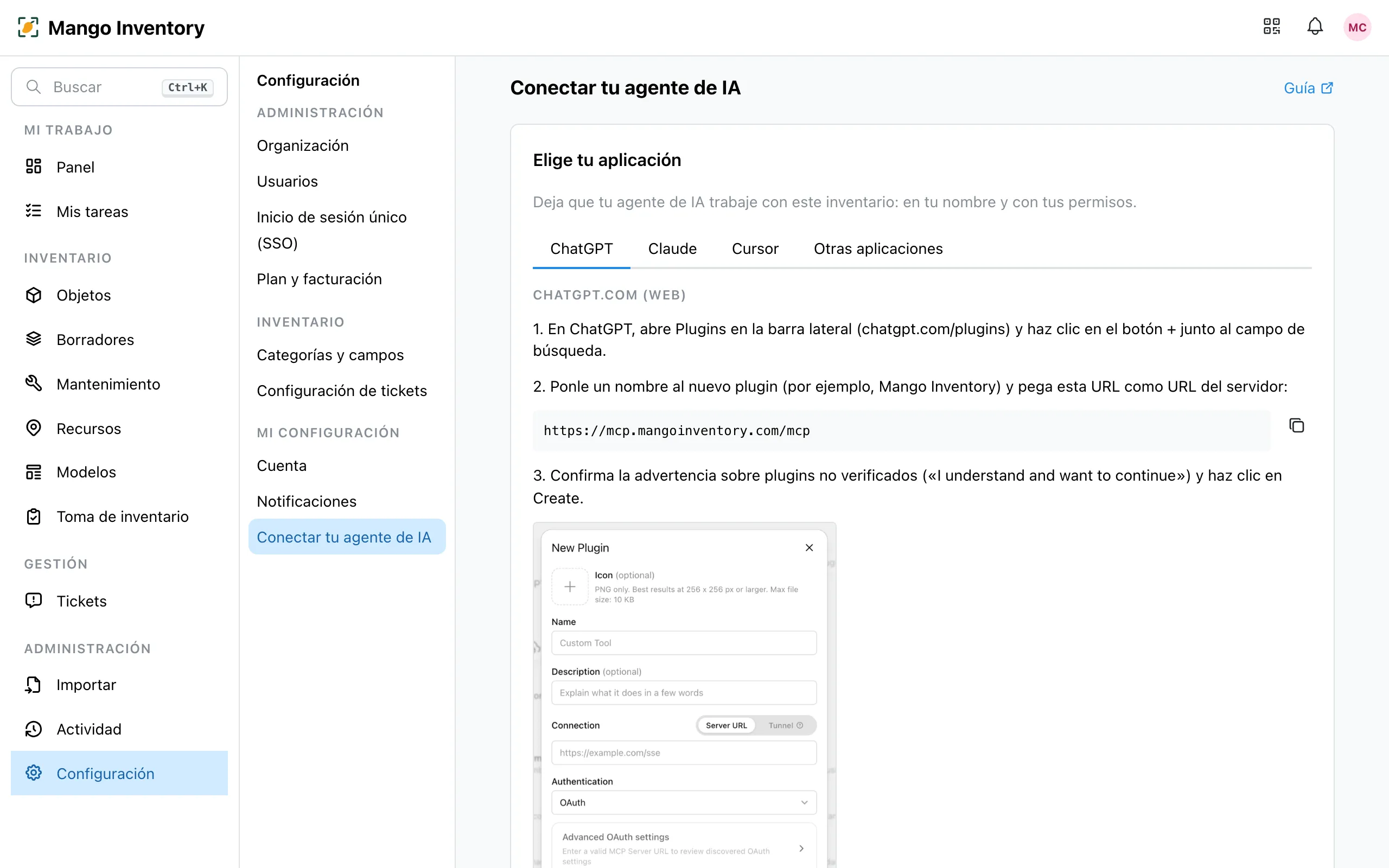 Página de configuración «Conectar tu agente de IA»