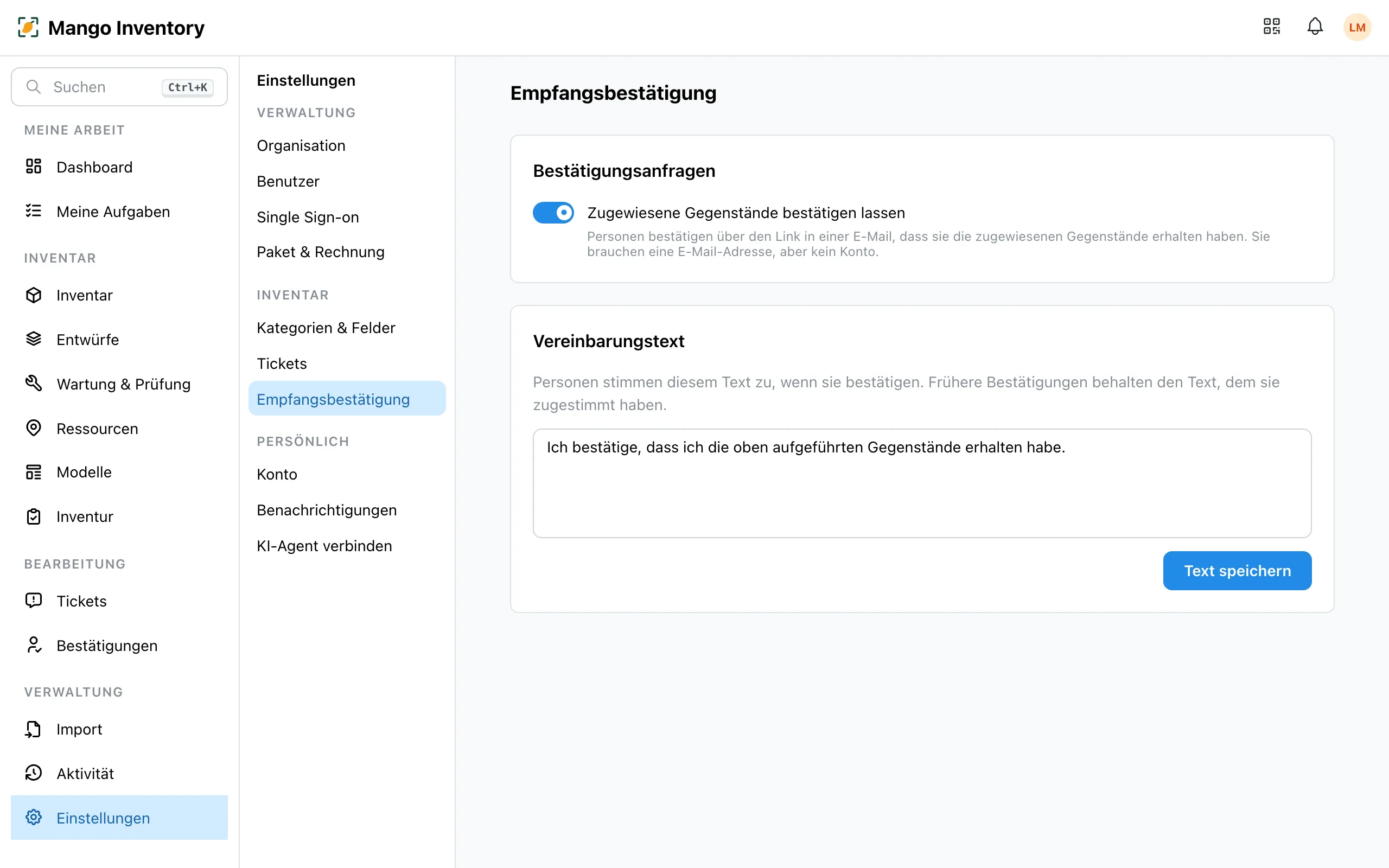 Einstellungen → Empfangsbestätigung: der Schalter eingeschaltet, darunter der Vereinbarungstext mit dem Beispieltext und «Text speichern»