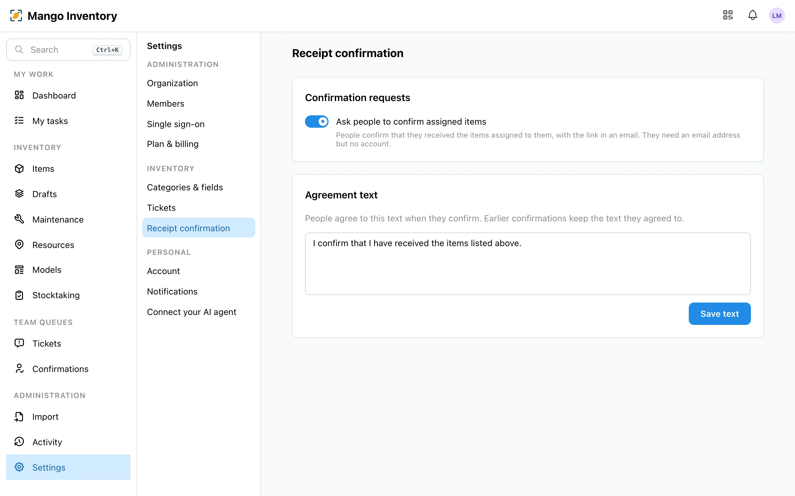 Settings → Receipt confirmation: the switch on, the agreement text with the example text below it, and "Save text"