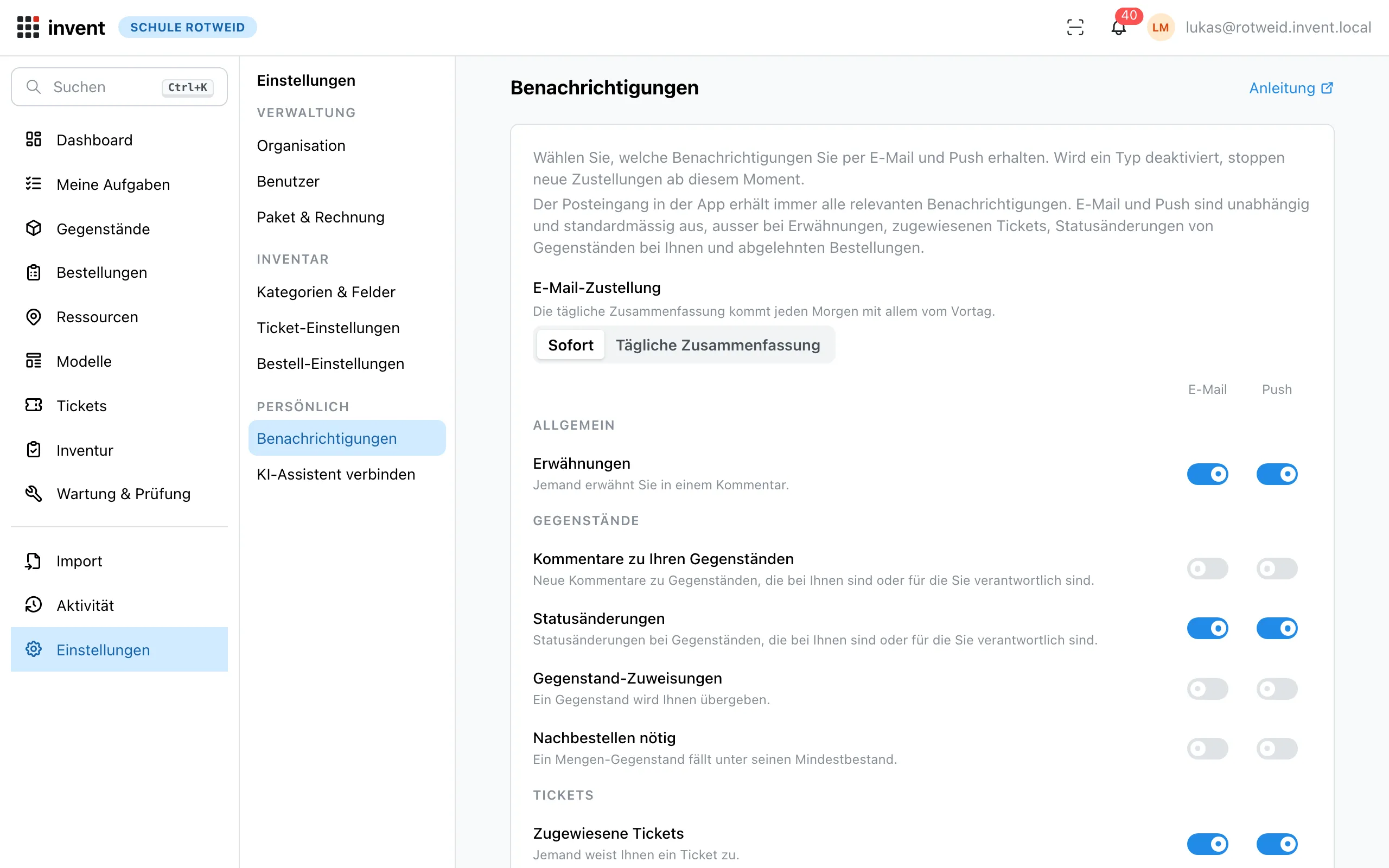 Benachrichtigungseinstellungen mit E-Mail- und Push-Schaltern