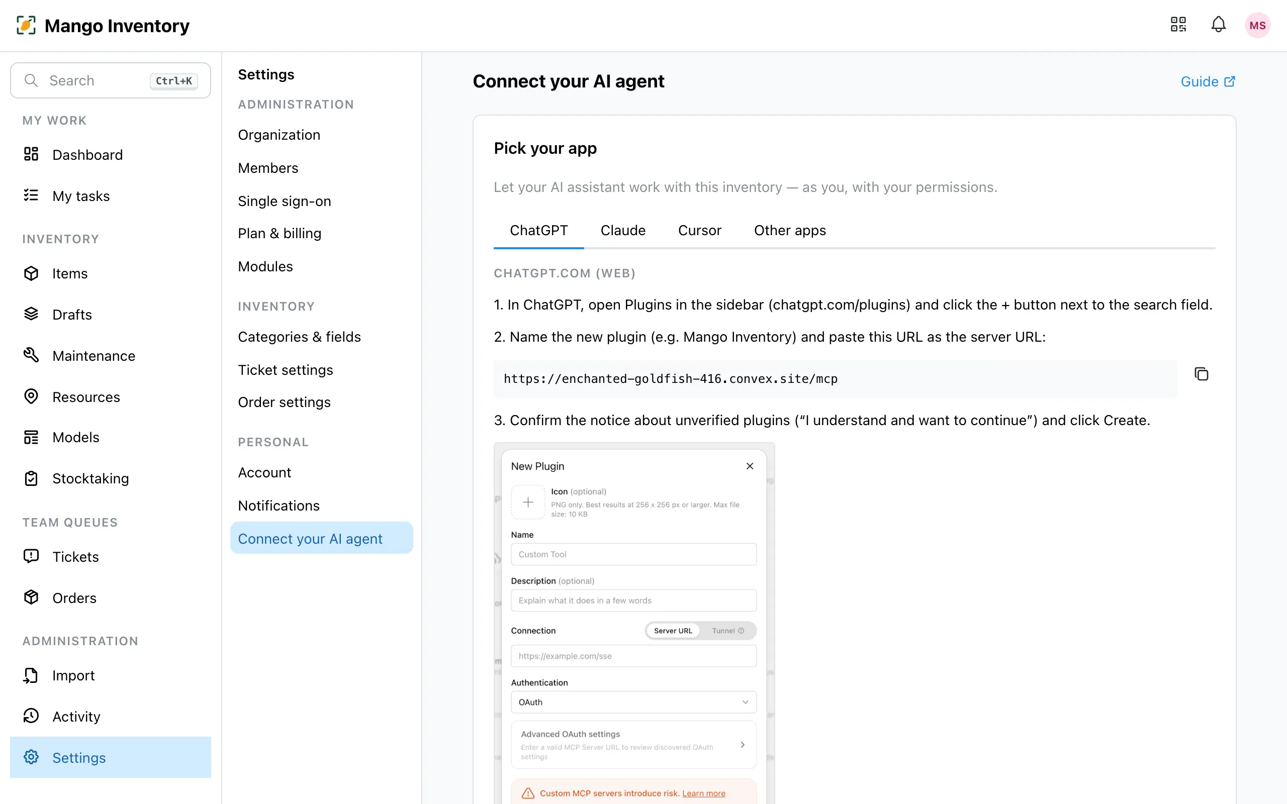 "Connect your AI agent" settings page