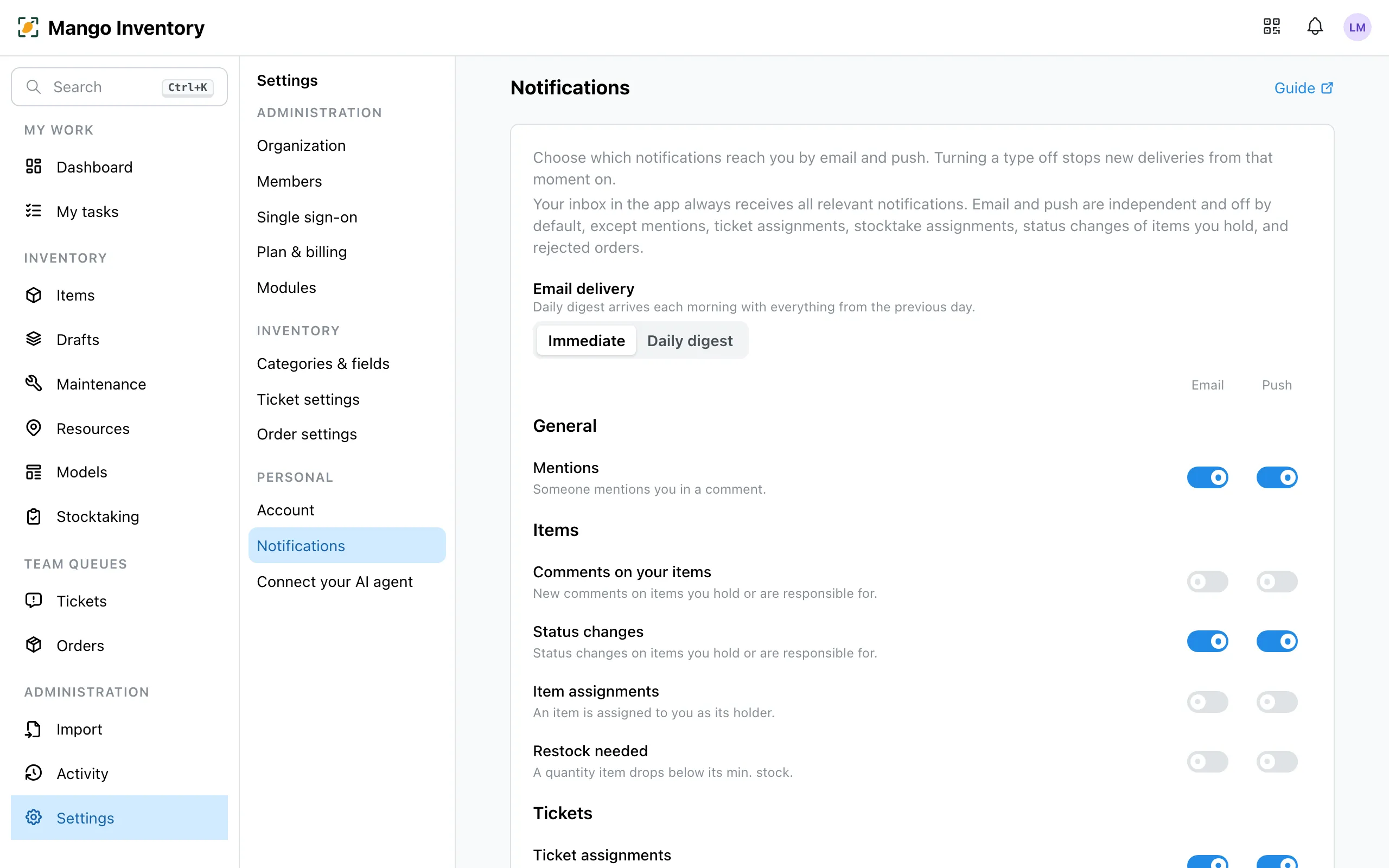 Notification settings with email and push toggles