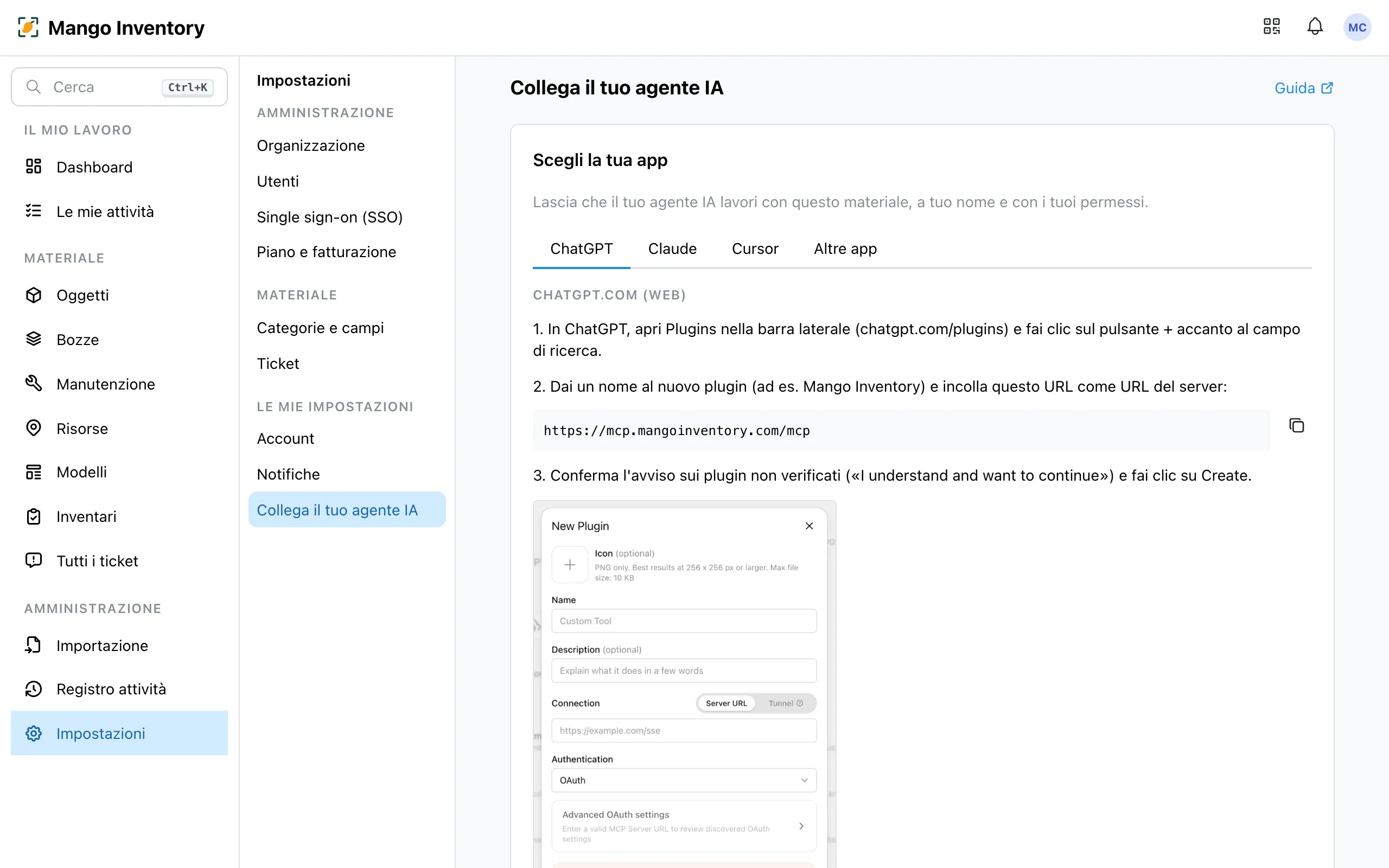 Pagina delle impostazioni «Collega il tuo agente IA»