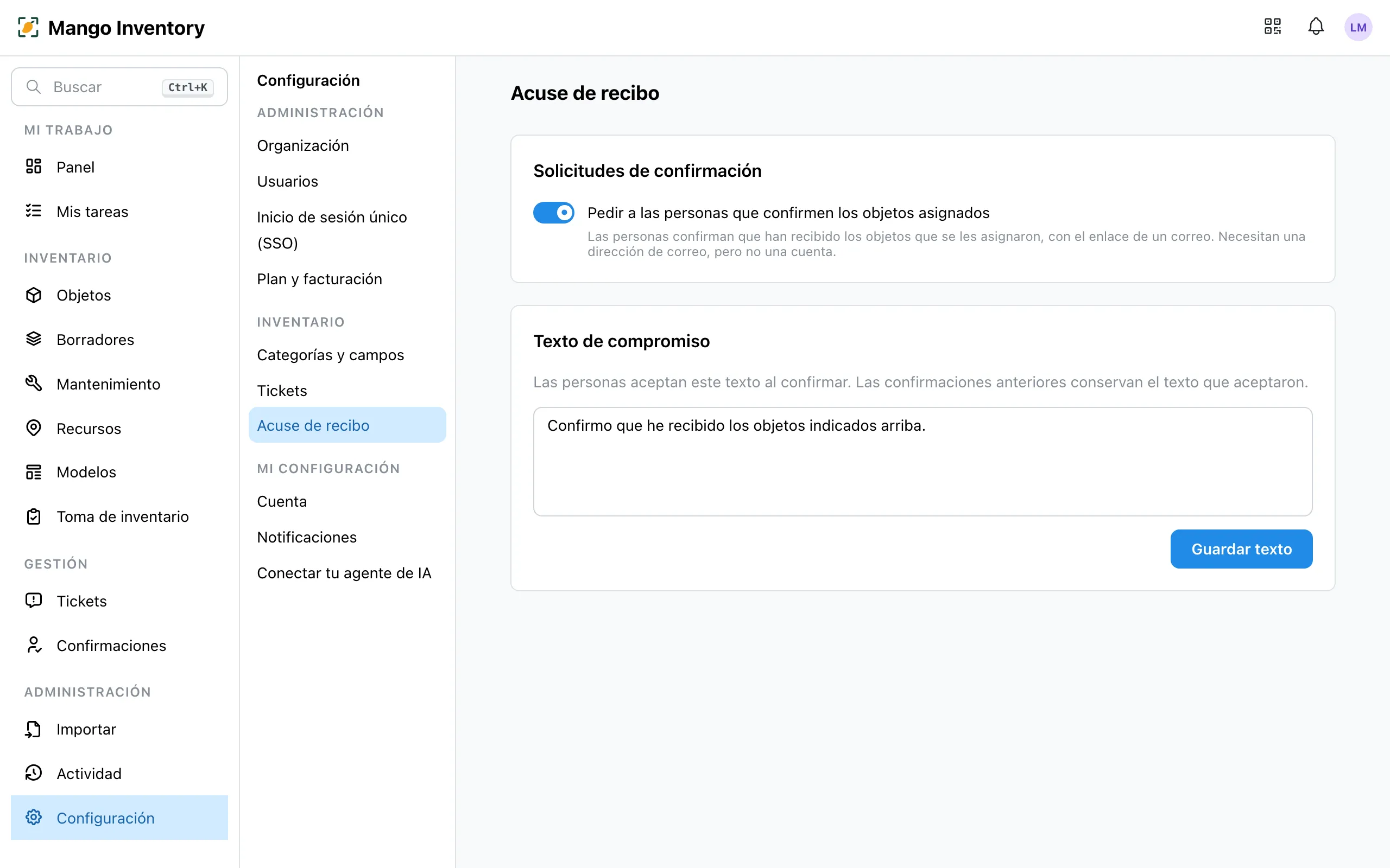 Configuración → Acuse de recibo: el interruptor activado, el texto de compromiso con el texto de ejemplo debajo y «Guardar texto»