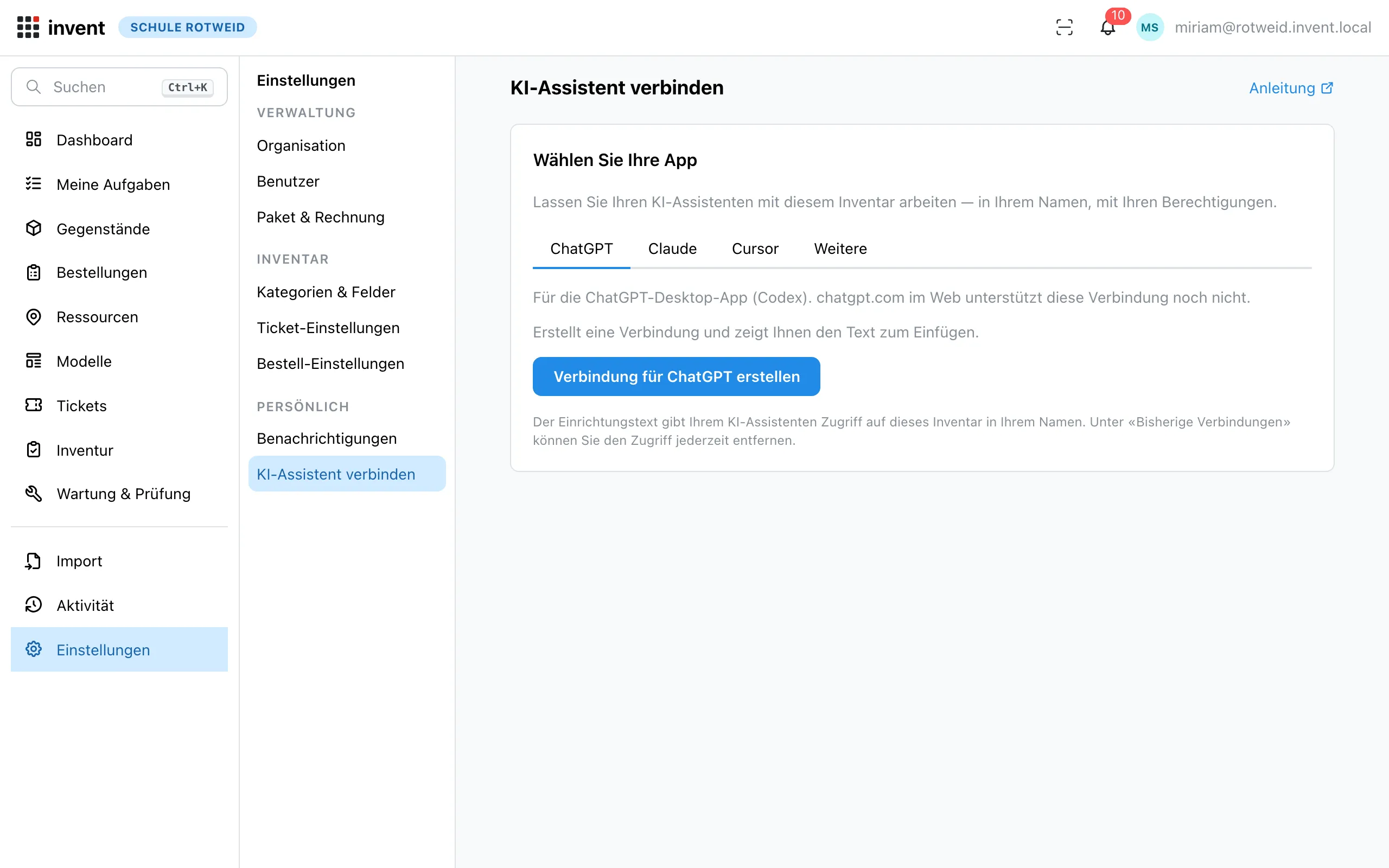 Einstellungsseite «KI-Assistent verbinden»