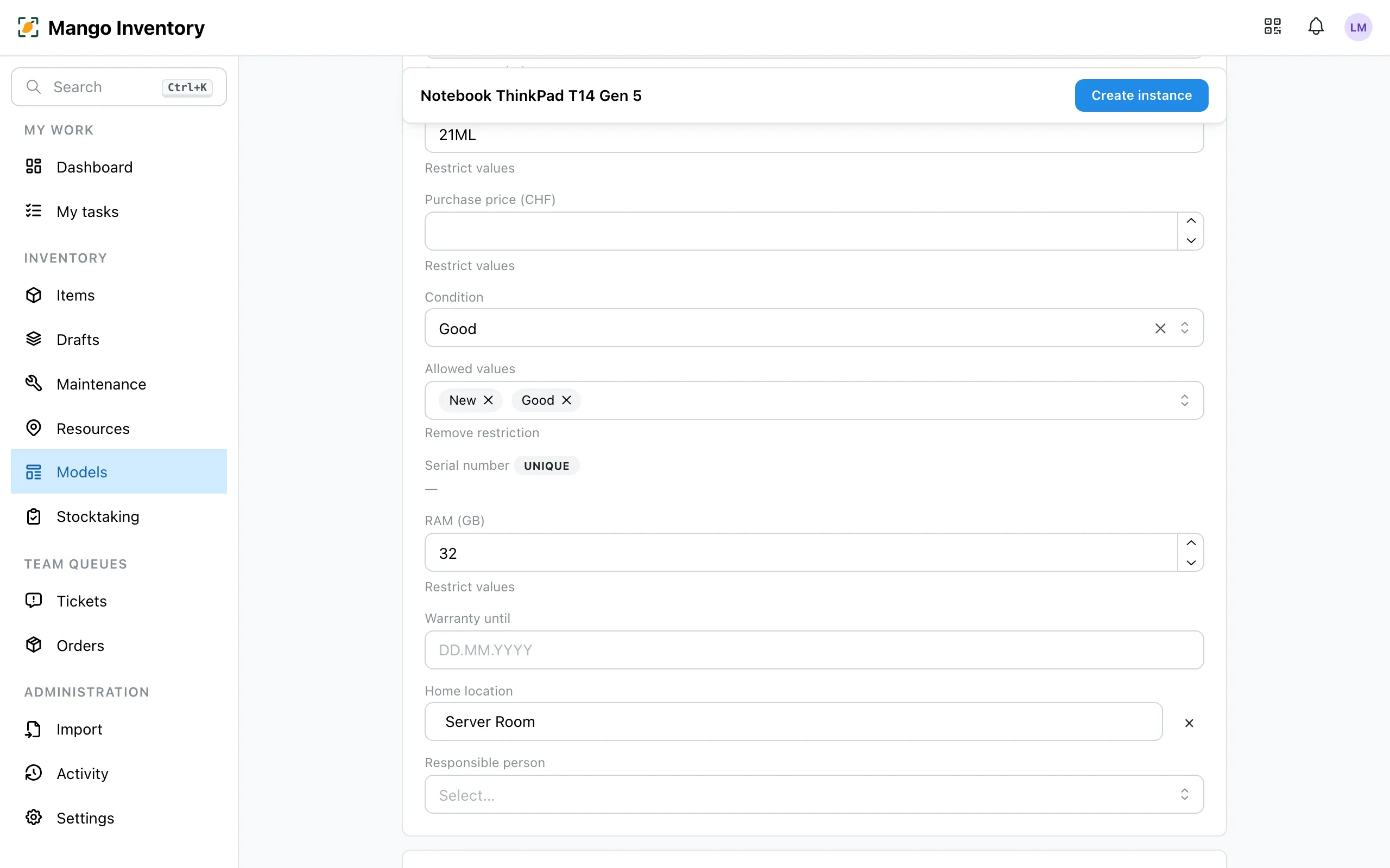 Field defaults with restricted values on the model