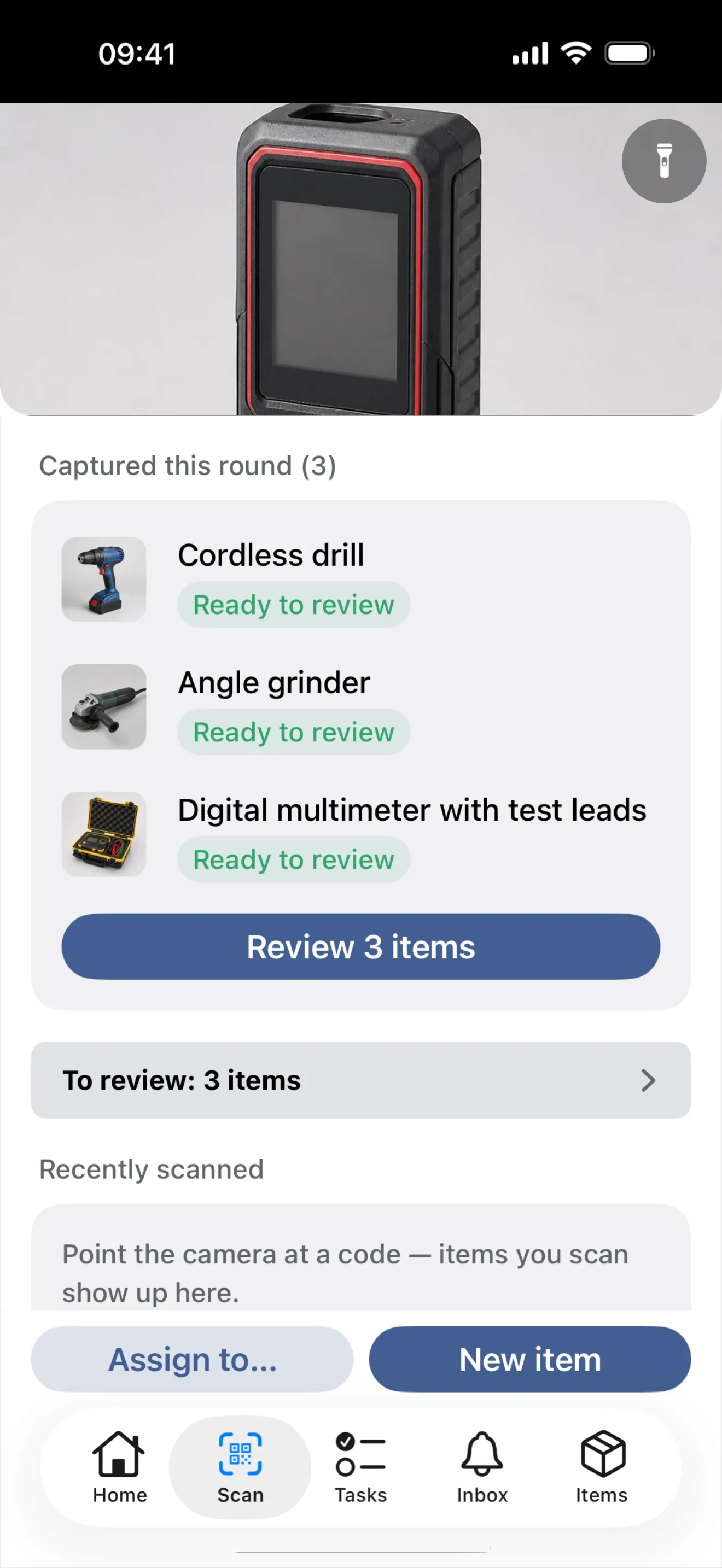 The "Scan" tab after a photo round: under "Captured this round (3)" a cordless drill, an angle grinder and a digital multimeter in its case, each with photo, AI name and "Ready to review"