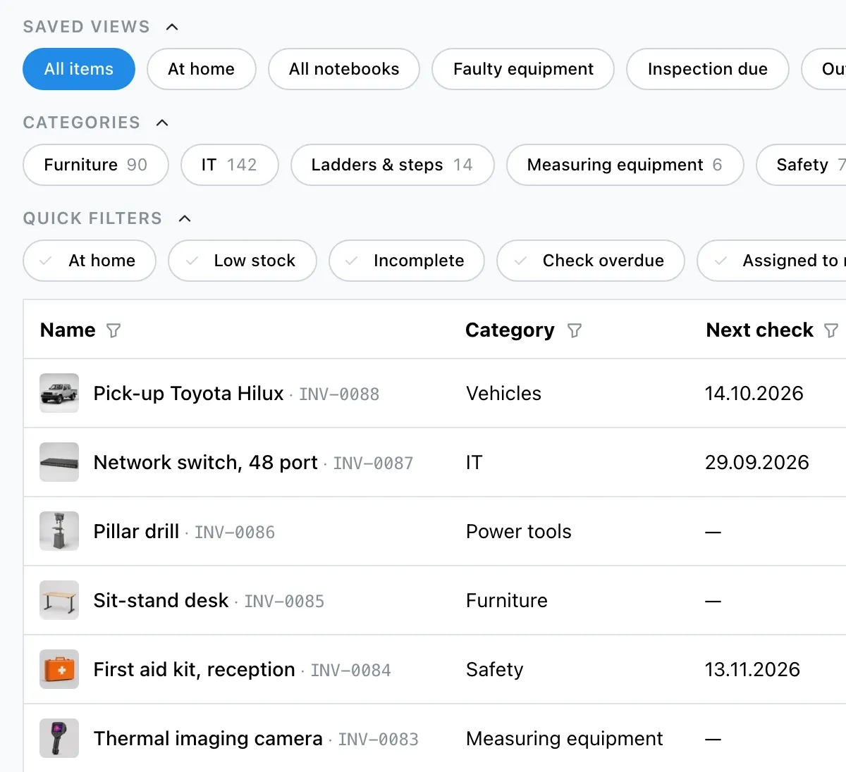 The item list in Mango Inventory: saved views, categories and quick filters above the table, below them rows with a picture, name, inventory number, category and next check.