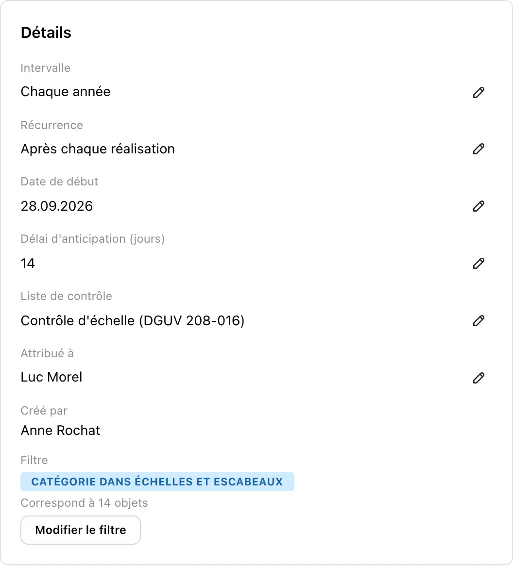 Un plan de maintenance dans Mango Inventory : intervalle, répétition, date de début, délai d'anticipation en jours, la liste de contrôle utilisée et la personne à qui il est attribué ; en dessous, le filtre de catégorie avec la ligne indiquant combien d'objets le plan concerne.